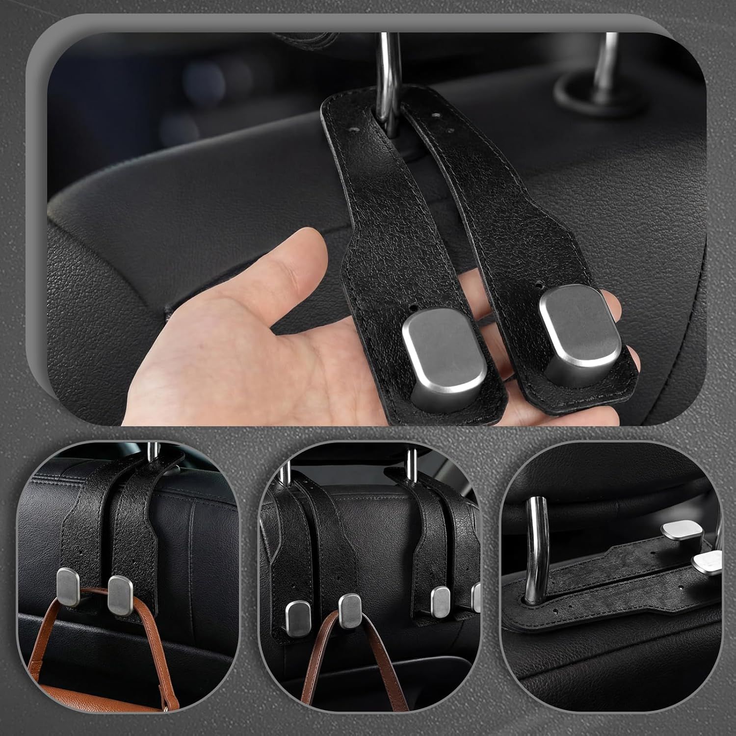 8 Pcs Car Headrest Hooks Purse Holder for Car Seat Headrest Universal Leather Bag Holder with Double Metal Hooks Seat Back Hanger for Handbags Grocery Bags Phones(Black) - Image 5