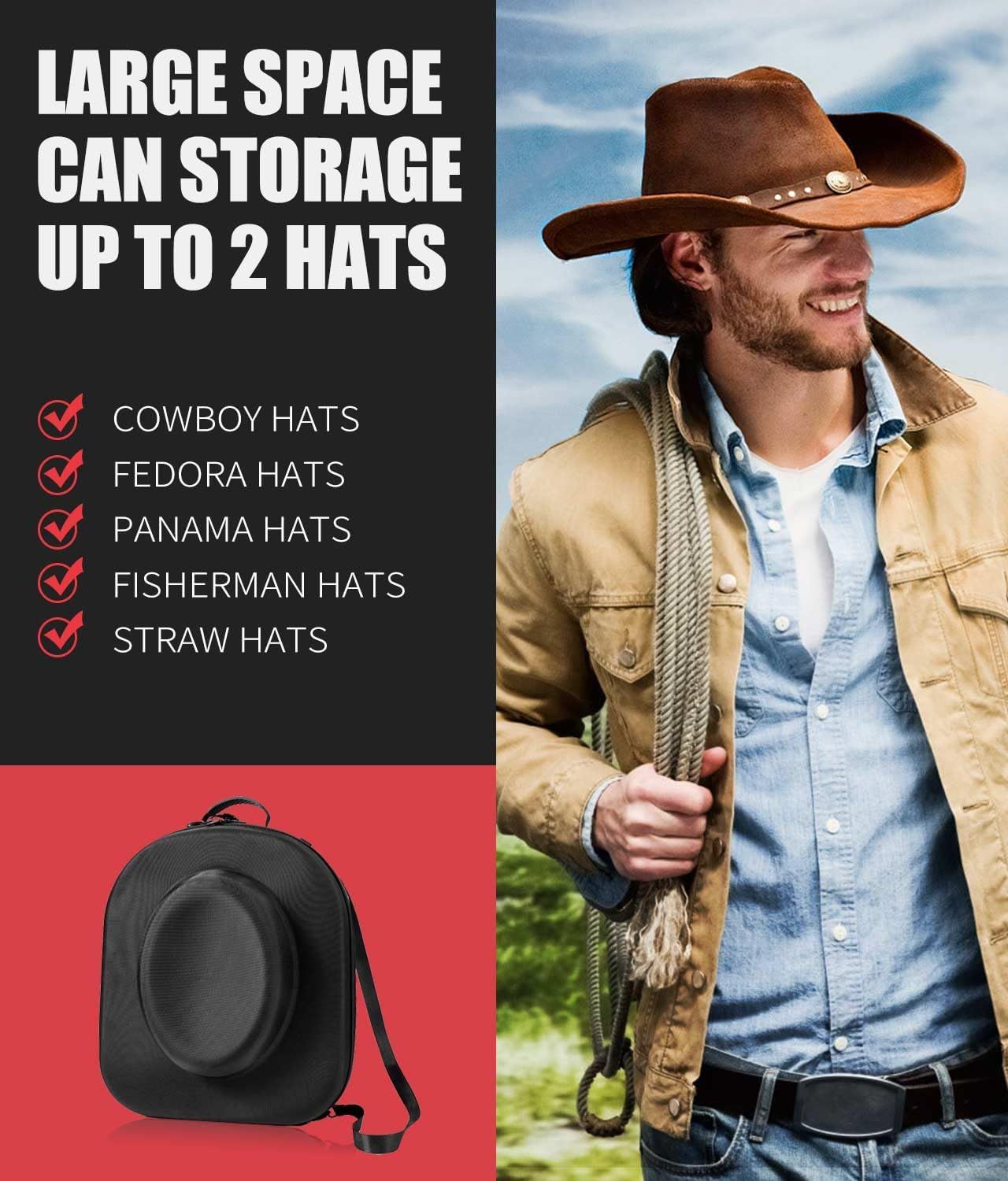 Hat Box for Travel - Crush Proof Cowboy Hat Holder Storage, Hard Travel Hat Carrier Case for Cowboy, Panama & Tweed Hats - Carrying Handle, Luggage Straps & Shoulder - Large - Image 3