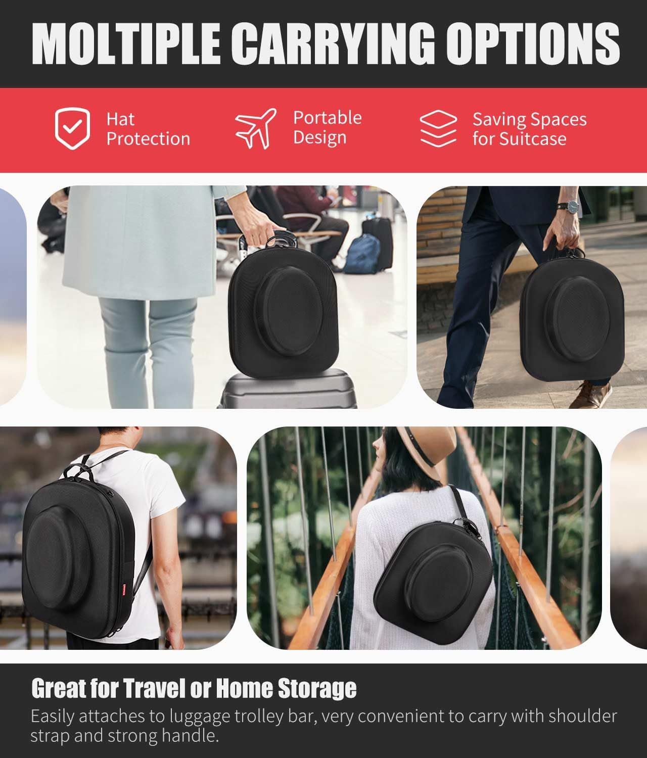Hat Box for Travel - Crush Proof Cowboy Hat Holder Storage, Hard Travel Hat Carrier Case for Cowboy, Panama & Tweed Hats - Carrying Handle, Luggage Straps & Shoulder - Large - Image 6