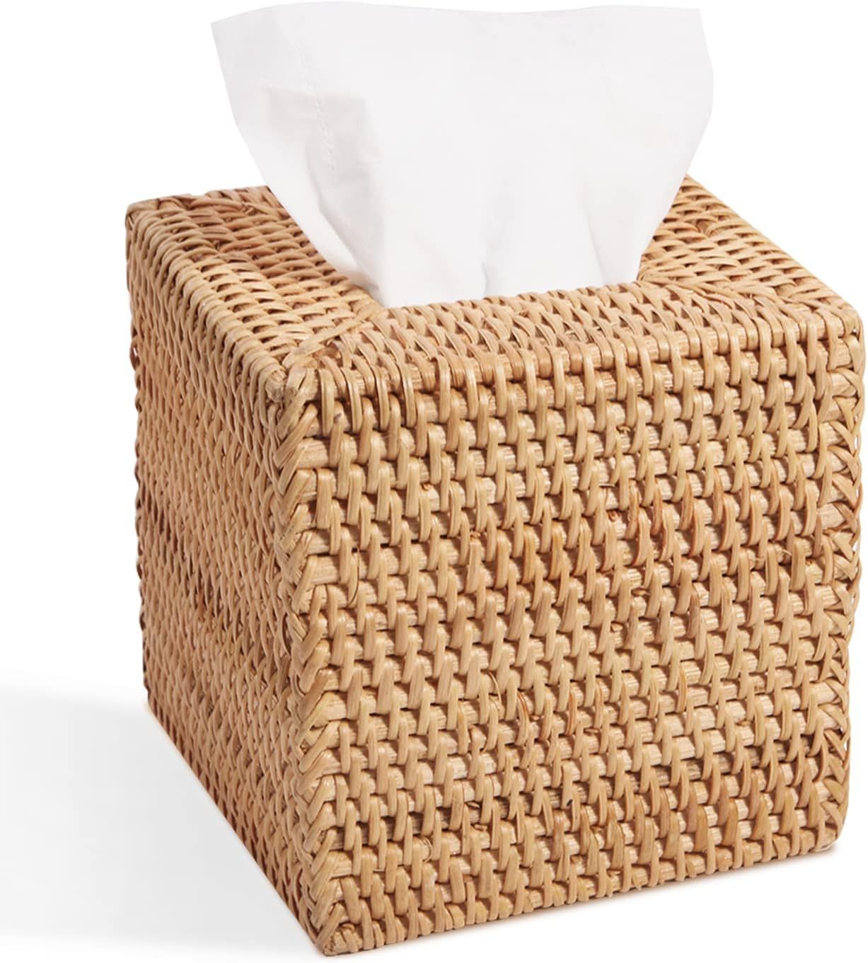 Rattan Tissue Box Cover, Square Hand Woven Natural Wicker Tissue Box Holder, Decorative Facial Napkin Holder Tissue Box Organizer Dispenser | Natural - Image 1