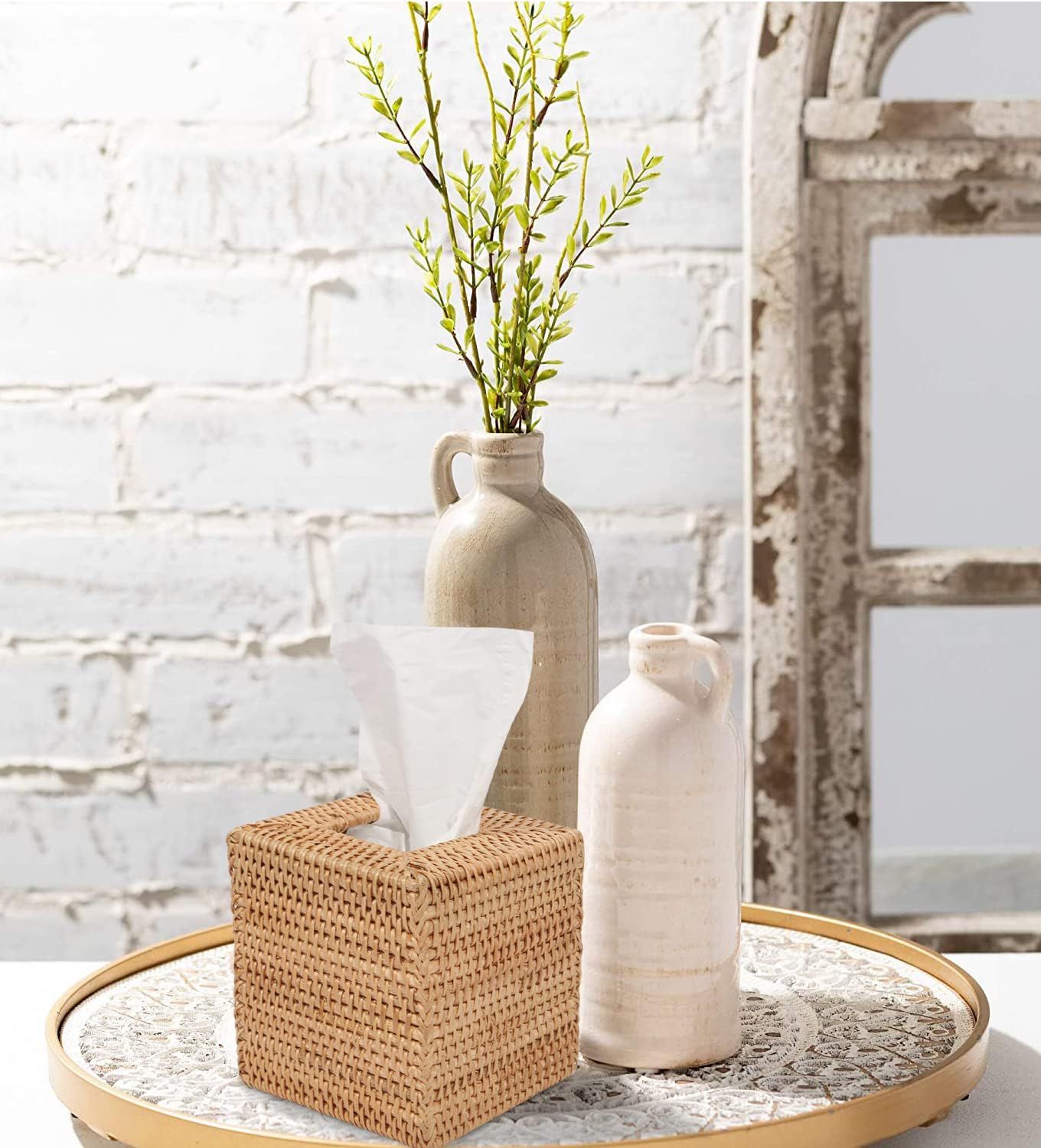 Rattan Tissue Box Cover, Square Hand Woven Natural Wicker Tissue Box Holder, Decorative Facial Napkin Holder Tissue Box Organizer Dispenser | Natural - Image 2
