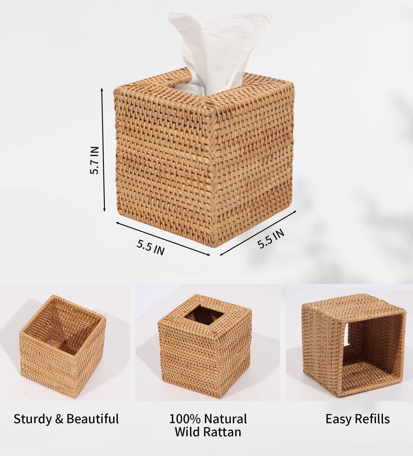 Rattan Tissue Box Cover, Square Hand Woven Natural Wicker Tissue Box Holder, Decorative Facial Napkin Holder Tissue Box Organizer Dispenser | Natural - Image 3