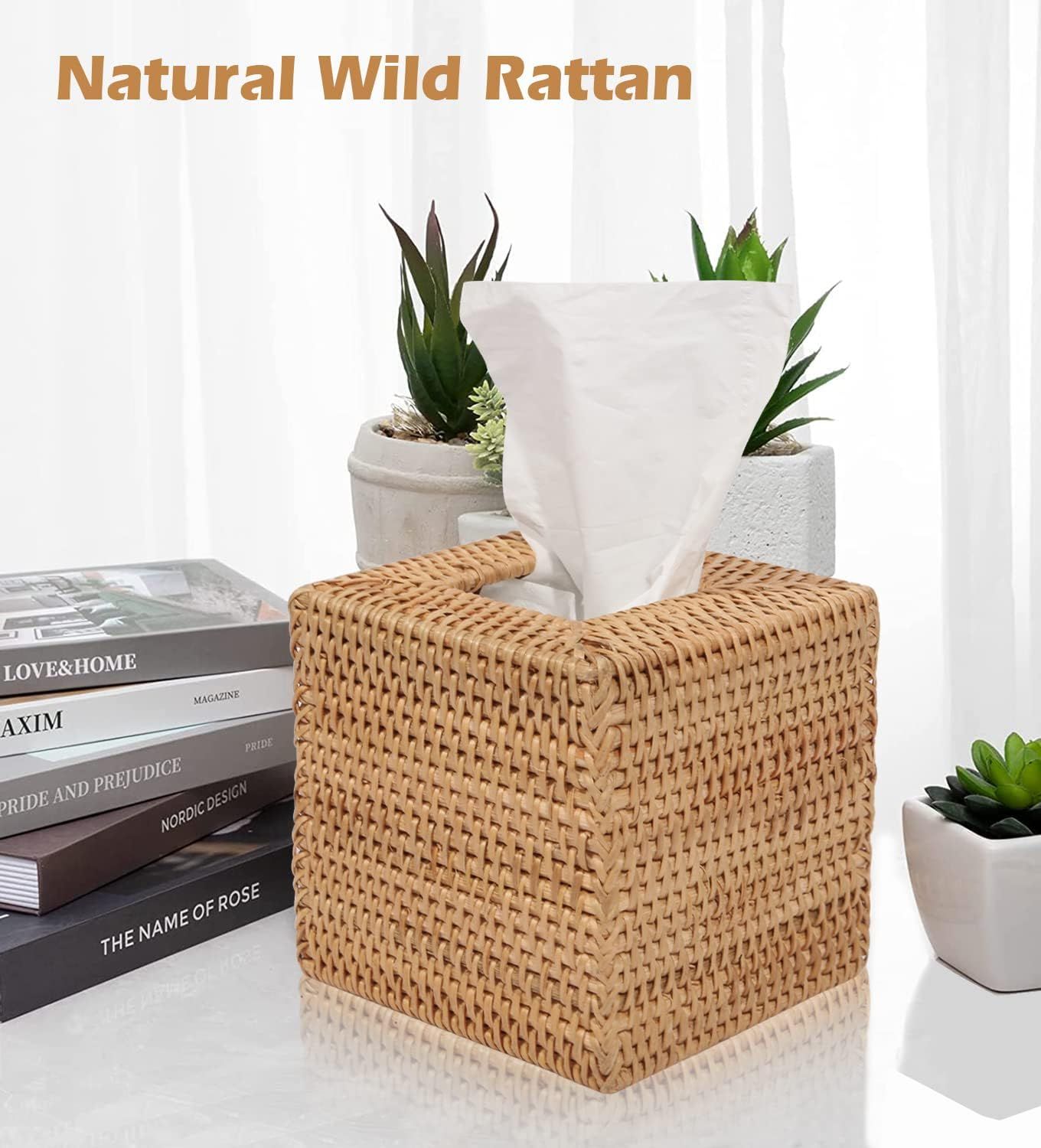 Rattan Tissue Box Cover, Square Hand Woven Natural Wicker Tissue Box Holder, Decorative Facial Napkin Holder Tissue Box Organizer Dispenser | Natural - Image 4