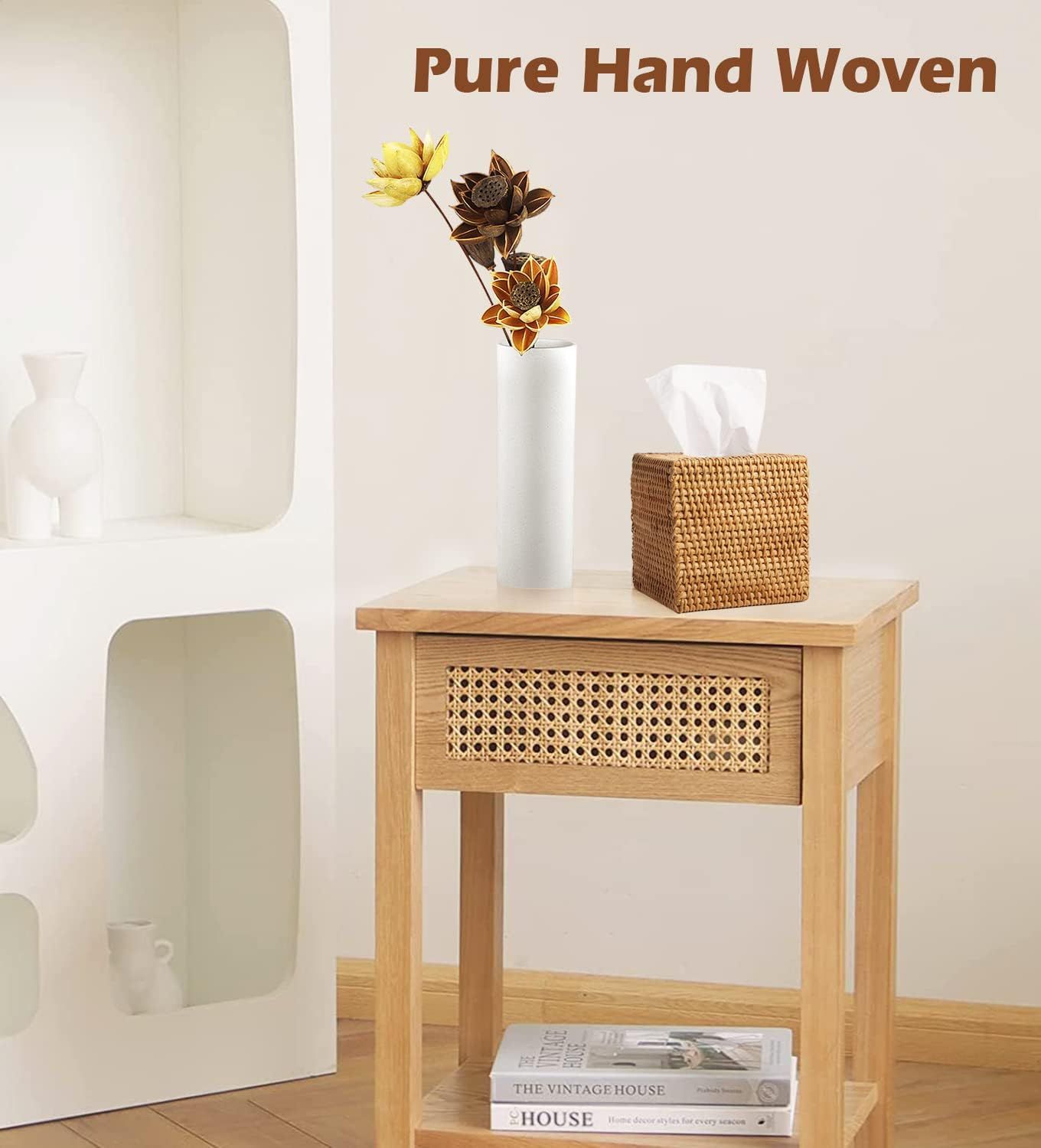 Rattan Tissue Box Cover, Square Hand Woven Natural Wicker Tissue Box Holder, Decorative Facial Napkin Holder Tissue Box Organizer Dispenser | Natural - Image 5
