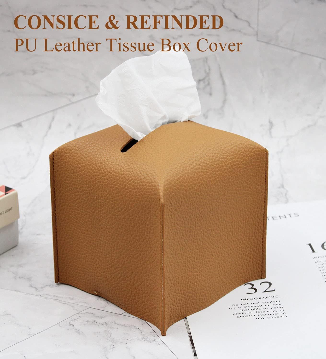 Tissue Box Cover, Modern PU Leather Tissue Box Holder - Decorative Holder/Organizer for Bathroom Vanity Countertop, Night Stands, Office Desk & Car - Image 4