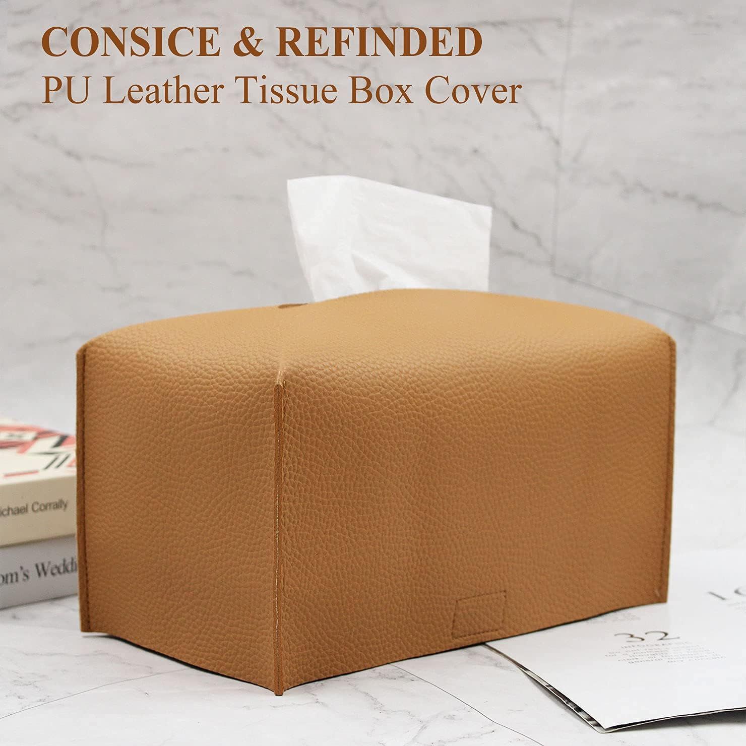Tissue Box Cover, Modern PU Leather Tissue Box Holder - Decorative Holder/Organizer for Bathroom Vanity Countertop, Night Stands, Office Desk & Car - Image 6