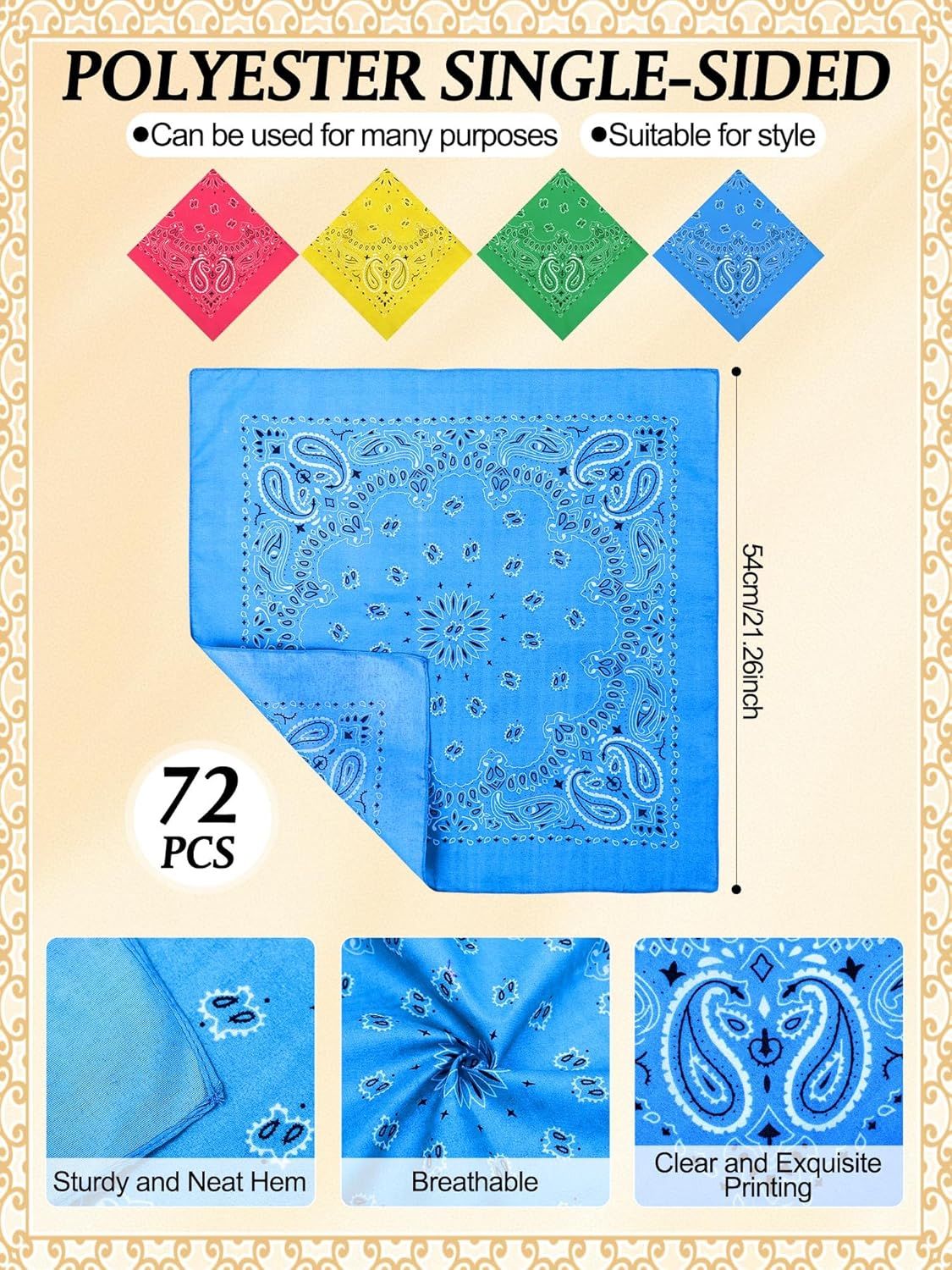 72 Pieces Paisley Bandanas Bulk Cowboy Paisley Bandanas Unisex Head Wrap Scarf for Western Party Costume - Image 2