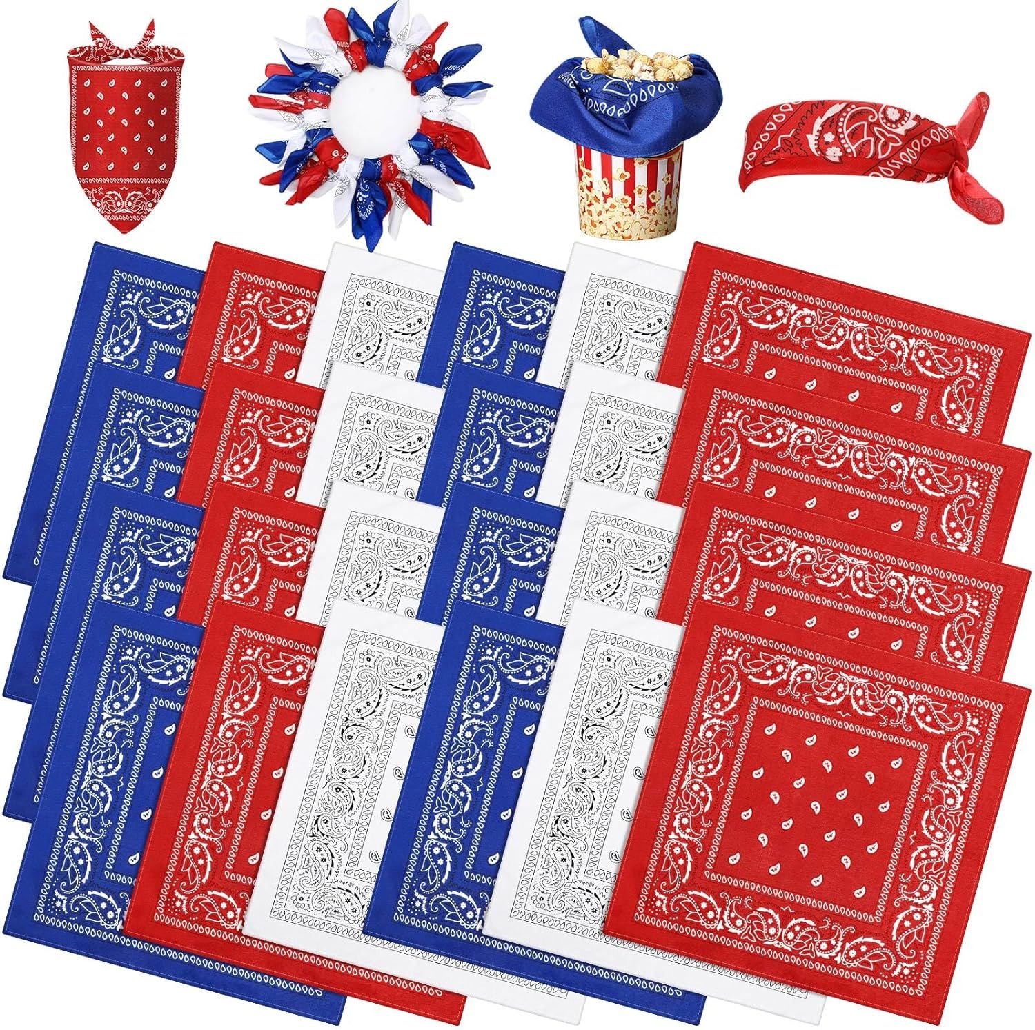 24 Pcs Paisley Bandanas Red White Blue Headband for Men and Women 4th of July 250 Anniversary Versatile Decoration Handkerchief Patriotic Bandana for Tabletop Wreath Banner Flags Decor - Image 1