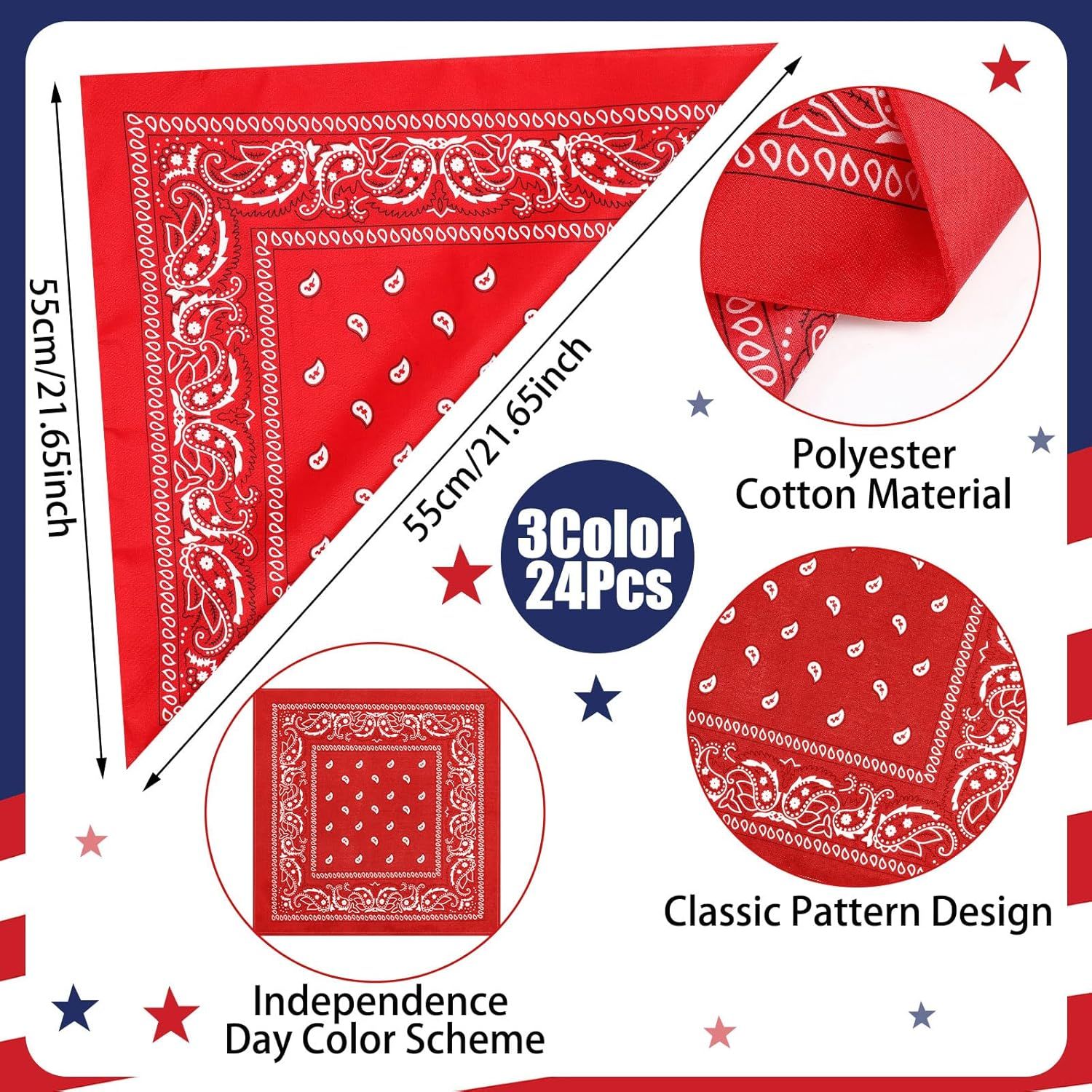 24 Pcs Paisley Bandanas Red White Blue Headband for Men and Women 4th of July 250 Anniversary Versatile Decoration Handkerchief Patriotic Bandana for Tabletop Wreath Banner Flags Decor - Image 3