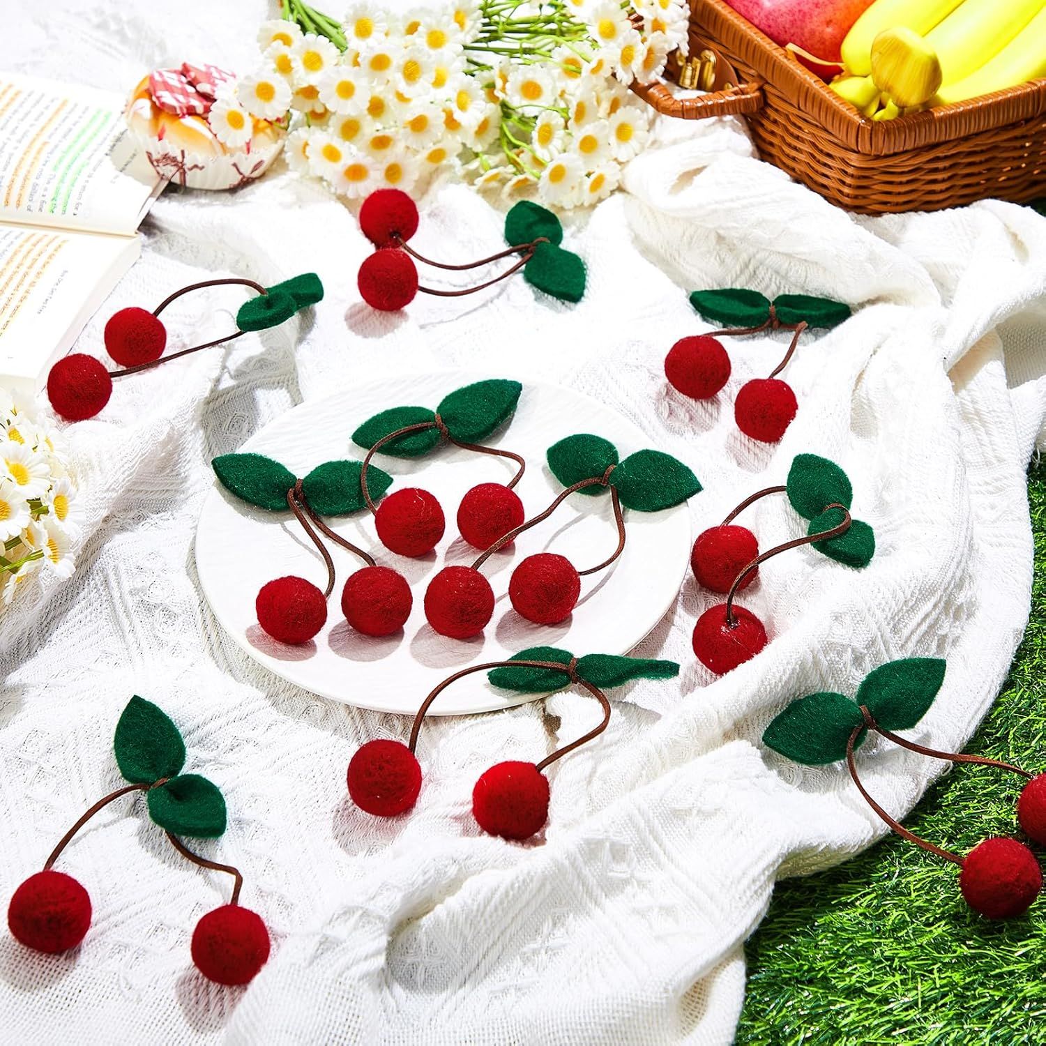 20 Pcs Cherry Party Decor Cherry Felt Balls DIY Garland Craft Handmade Cute Wool Pompom Fruit Baby Shower Decorations for Birthday Baby Shower Party Wedding Home Favors - Image 2