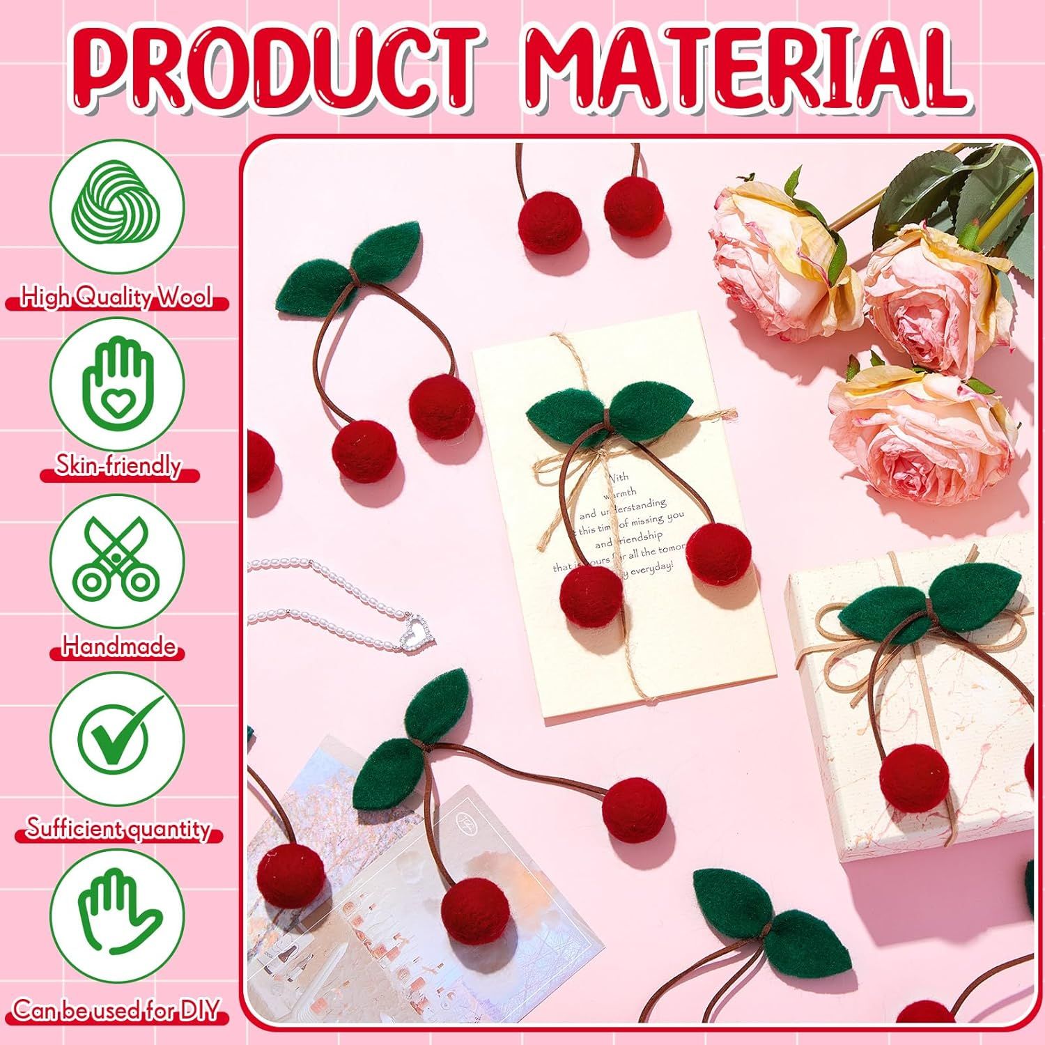 20 Pcs Cherry Party Decor Cherry Felt Balls DIY Garland Craft Handmade Cute Wool Pompom Fruit Baby Shower Decorations for Birthday Baby Shower Party Wedding Home Favors - Image 4
