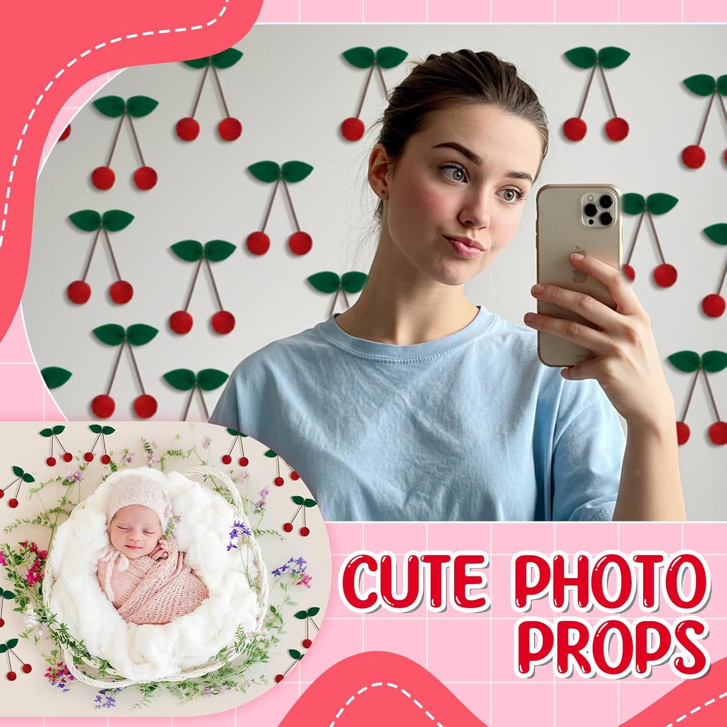 20 Pcs Cherry Party Decor Cherry Felt Balls DIY Garland Craft Handmade Cute Wool Pompom Fruit Baby Shower Decorations for Birthday Baby Shower Party Wedding Home Favors - Image 5