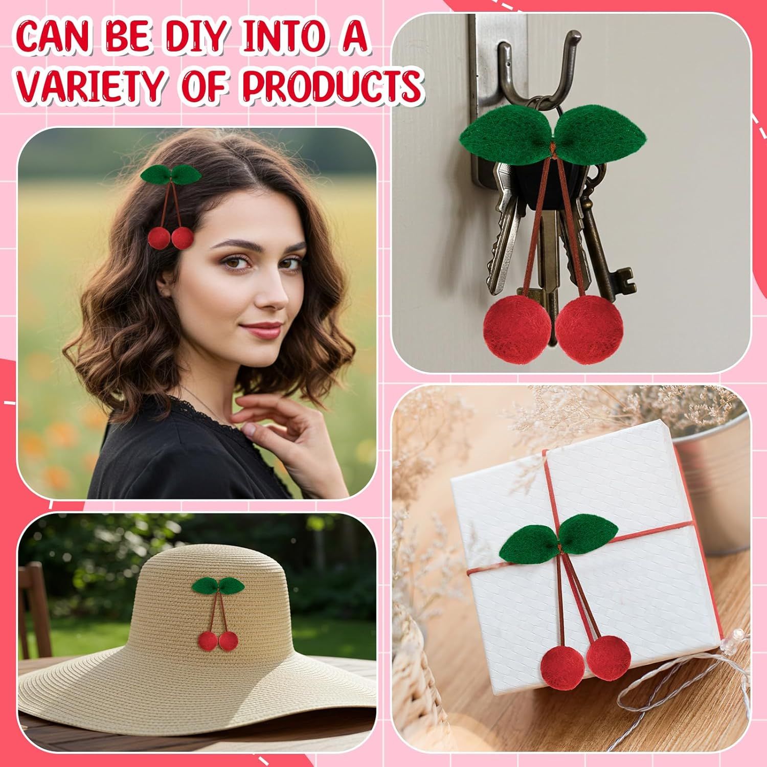 20 Pcs Cherry Party Decor Cherry Felt Balls DIY Garland Craft Handmade Cute Wool Pompom Fruit Baby Shower Decorations for Birthday Baby Shower Party Wedding Home Favors - Image 6