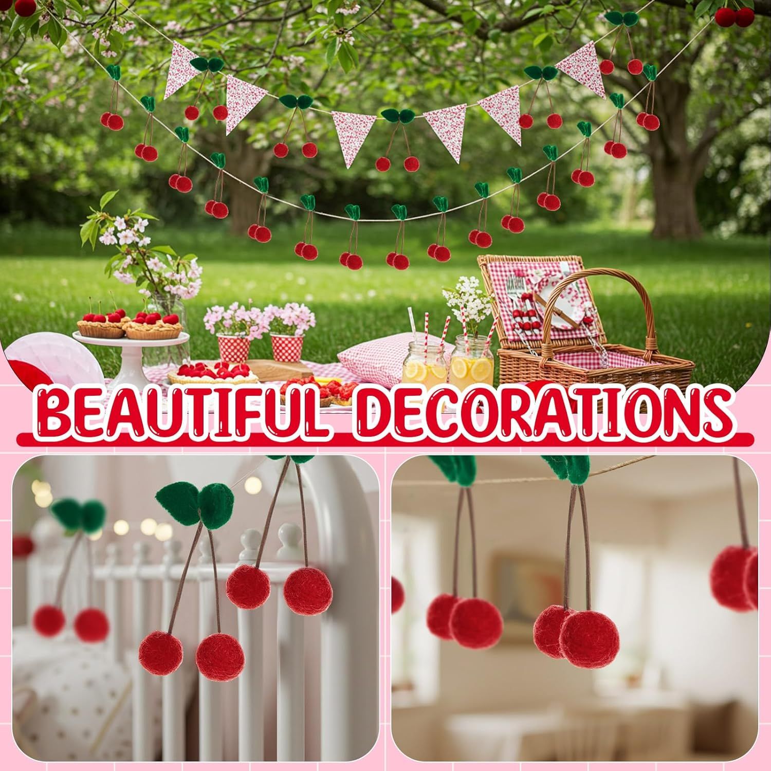 20 Pcs Cherry Party Decor Cherry Felt Balls DIY Garland Craft Handmade Cute Wool Pompom Fruit Baby Shower Decorations for Birthday Baby Shower Party Wedding Home Favors - Image 7