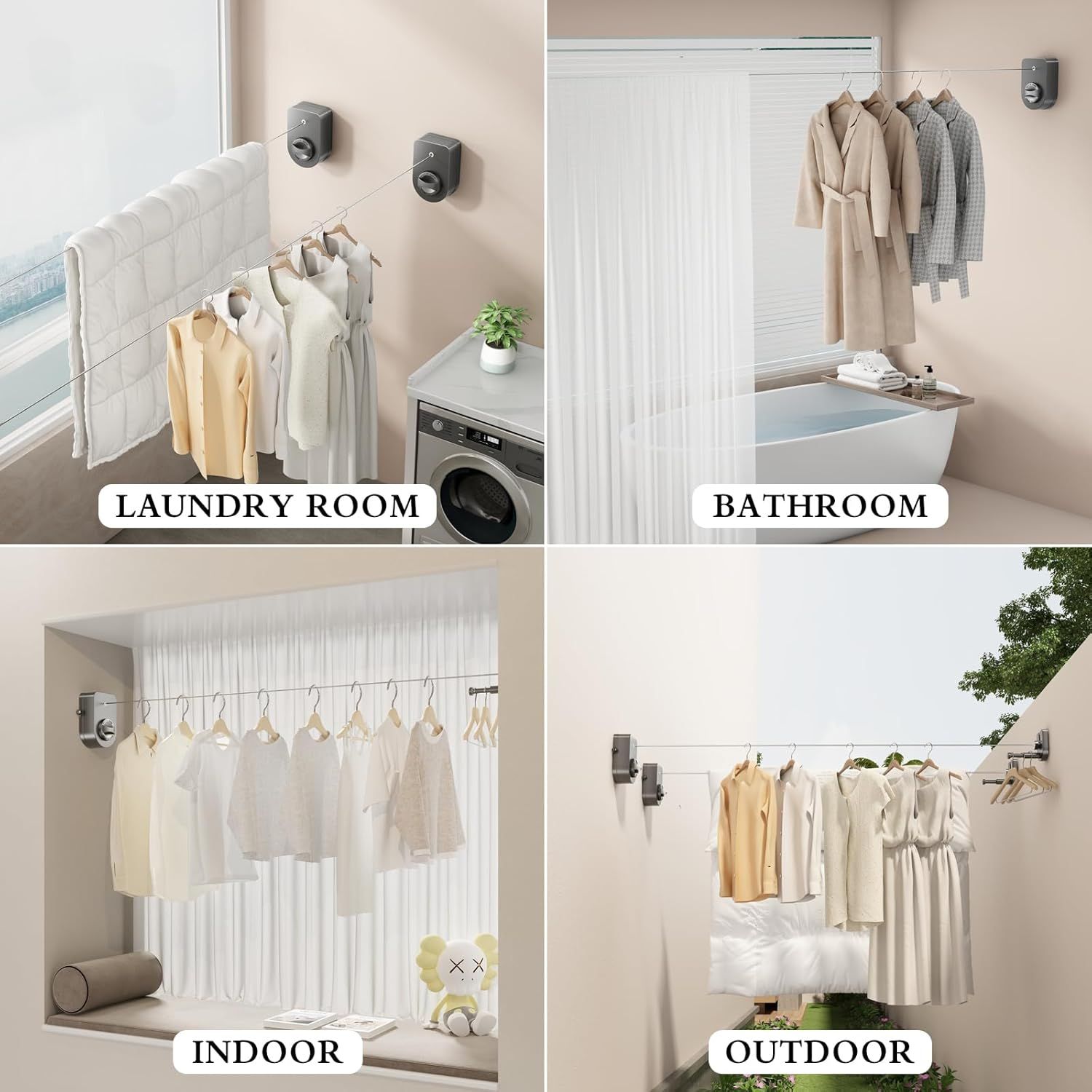 Retractable Clothesline Indoor, Non-Sagging Clothes Line Outdoors,13.7 Ft Heavy Duty Clothesline with Telescopic Hanging Rod, Wall Mounted Space-Saving Laundry Line (Gray) - Image 7