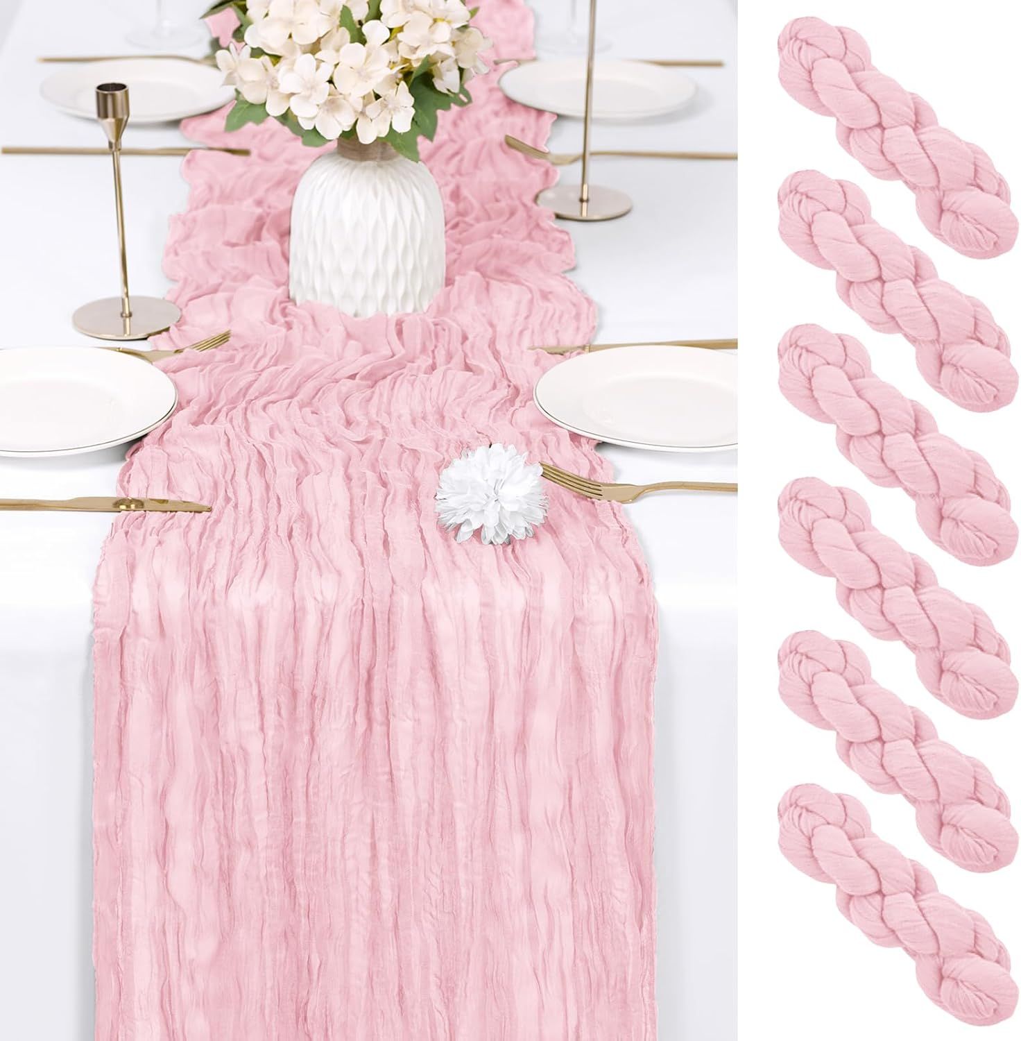 6 Pack Light Pink Cheesecloth Table Runner 17x108 Inch Semi Sheer Boho Gauze Cheese Cloth Fabric Table Runners Table Decor for Wedding Party Baby Shower Birthday Home Decor Garden Farmhouse - Image 1