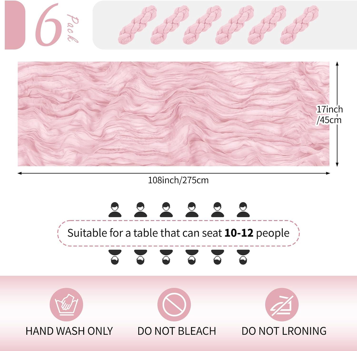 6 Pack Light Pink Cheesecloth Table Runner 17x108 Inch Semi Sheer Boho Gauze Cheese Cloth Fabric Table Runners Table Decor for Wedding Party Baby Shower Birthday Home Decor Garden Farmhouse - Image 2