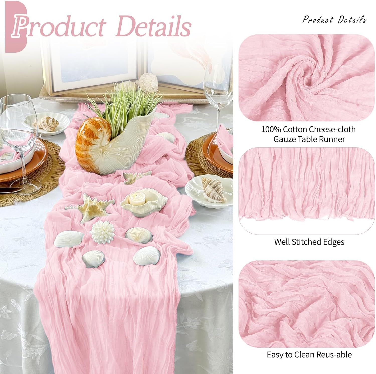 6 Pack Light Pink Cheesecloth Table Runner 17x108 Inch Semi Sheer Boho Gauze Cheese Cloth Fabric Table Runners Table Decor for Wedding Party Baby Shower Birthday Home Decor Garden Farmhouse - Image 3