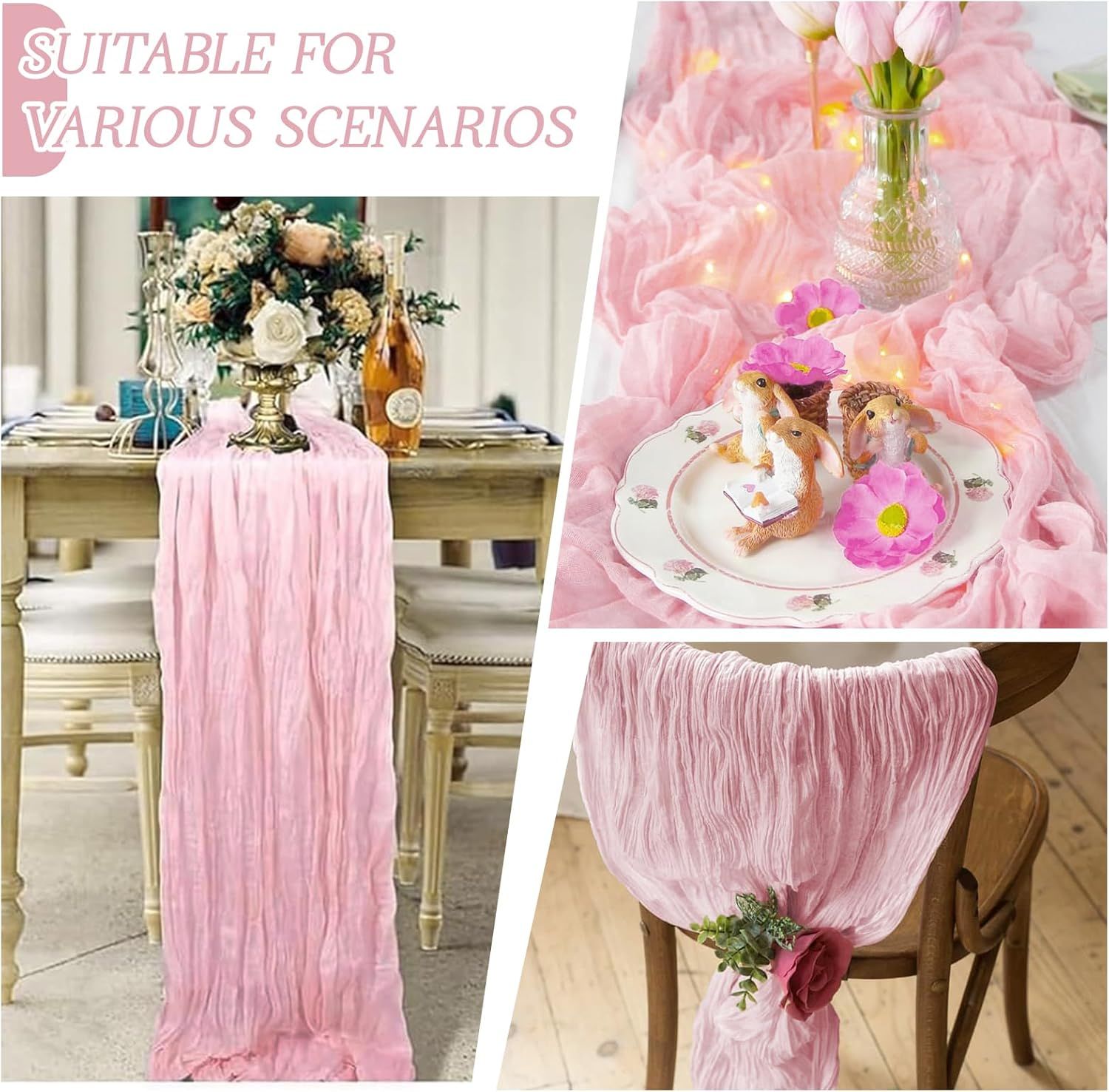 6 Pack Light Pink Cheesecloth Table Runner 17x108 Inch Semi Sheer Boho Gauze Cheese Cloth Fabric Table Runners Table Decor for Wedding Party Baby Shower Birthday Home Decor Garden Farmhouse - Image 5