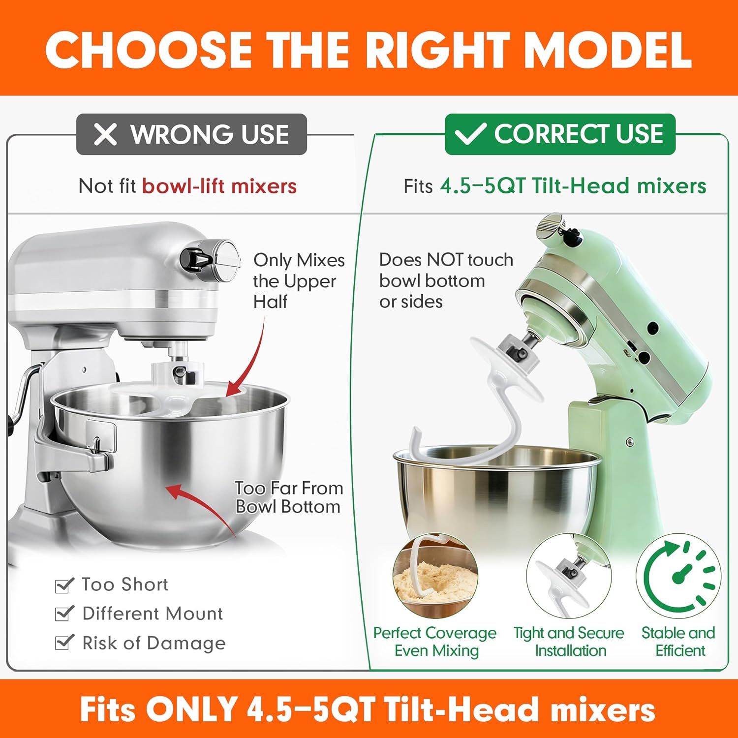 K45DH Dough Hook for KitchenAid 4.5–5 Quart Tilt-Head Stand Mixers, Coated C-Shaped Bread Hook Attachment, Replacement for K45 K45SS KSM90 KSM150, Kneads Pizza & Yeast Dough - Image 3
