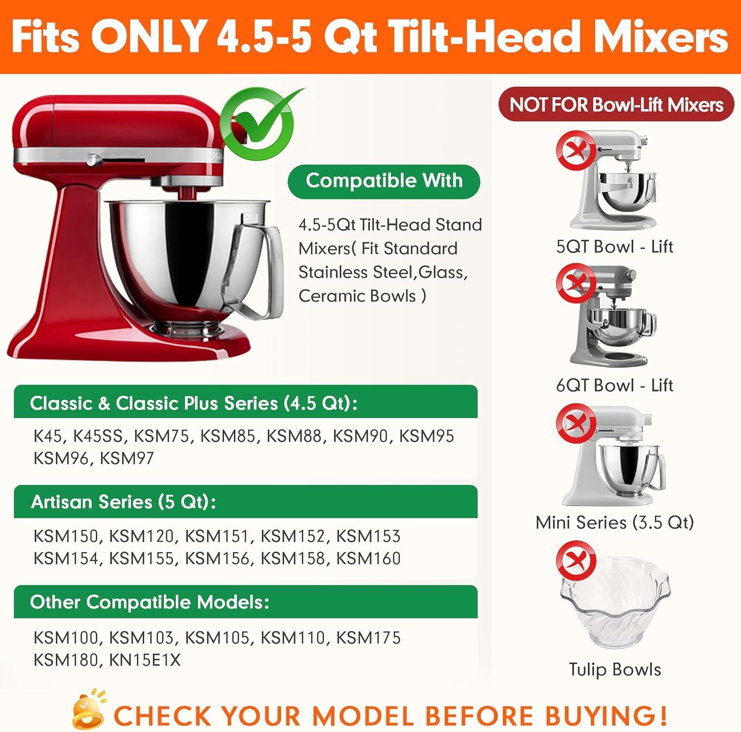 K45DH Dough Hook for KitchenAid 4.5–5 Quart Tilt-Head Stand Mixers, Coated C-Shaped Bread Hook Attachment, Replacement for K45 K45SS KSM90 KSM150, Kneads Pizza & Yeast Dough - Image 4