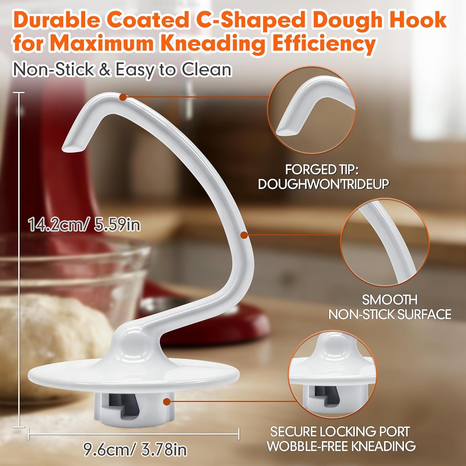 K45DH Dough Hook for KitchenAid 4.5–5 Quart Tilt-Head Stand Mixers, Coated C-Shaped Bread Hook Attachment, Replacement for K45 K45SS KSM90 KSM150, Kneads Pizza & Yeast Dough - Image 5