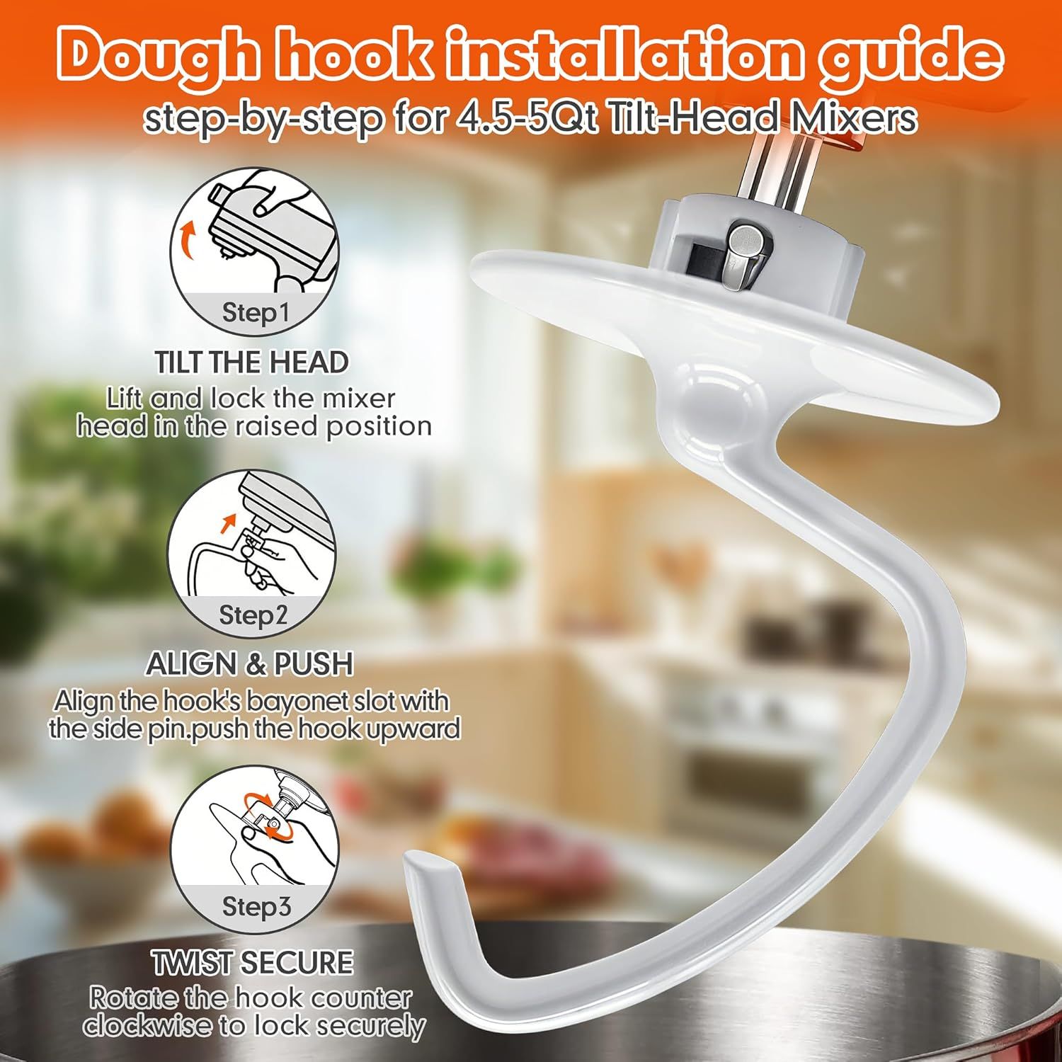 K45DH Dough Hook for KitchenAid 4.5–5 Quart Tilt-Head Stand Mixers, Coated C-Shaped Bread Hook Attachment, Replacement for K45 K45SS KSM90 KSM150, Kneads Pizza & Yeast Dough - Image 6