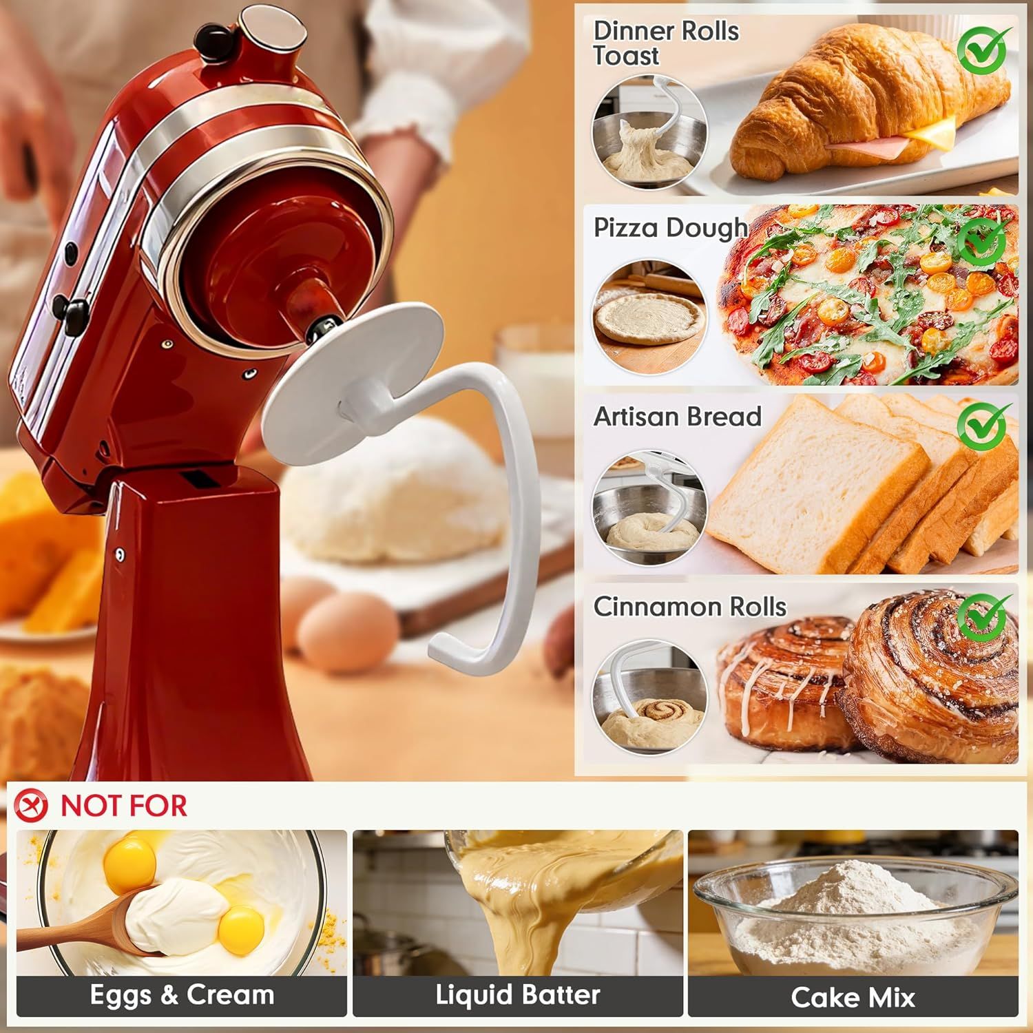 K45DH Dough Hook for KitchenAid 4.5–5 Quart Tilt-Head Stand Mixers, Coated C-Shaped Bread Hook Attachment, Replacement for K45 K45SS KSM90 KSM150, Kneads Pizza & Yeast Dough - Image 8