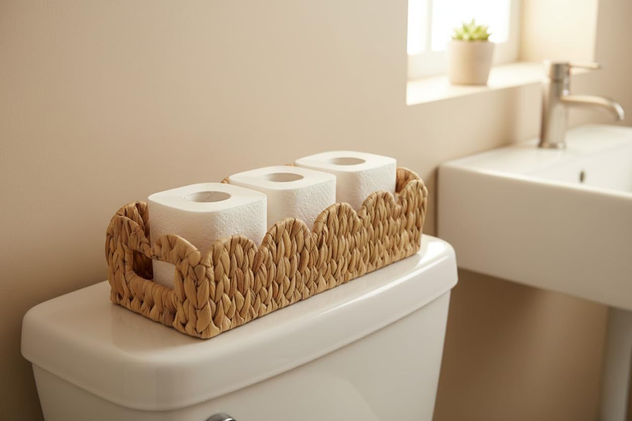 Toilet Tank Basket for Bathroom,Scalloped Edge Wicker Basket for Toilet Paper Storage,Small Baskets for Countertop,Shelves,Living Room,Bedroom,Both Organizer&Decor,Natural Water Hyacinth - Image 2