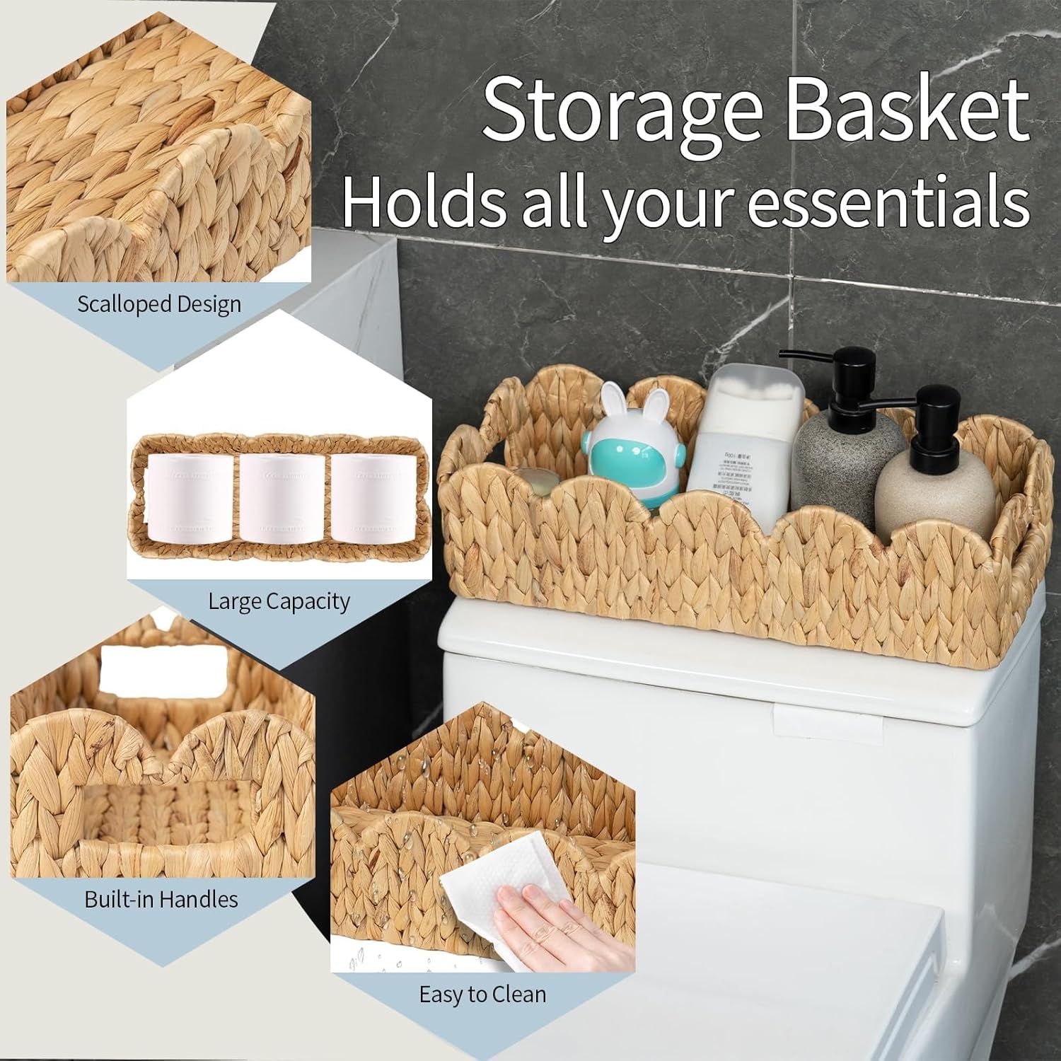 Toilet Tank Basket for Bathroom,Scalloped Edge Wicker Basket for Toilet Paper Storage,Small Baskets for Countertop,Shelves,Living Room,Bedroom,Both Organizer&Decor,Natural Water Hyacinth - Image 8