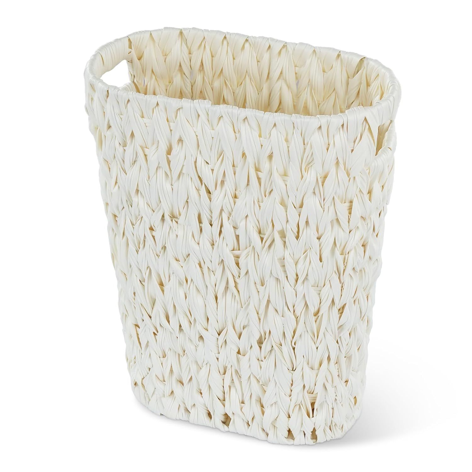 Wicker Trash Can,Bathroom Trash Can,Waterproof Wicker Waste Basket for Bathroom,Narrow Small Waste Basket for Bedroom,Office, Cream White 5 Gallon - Image 1
