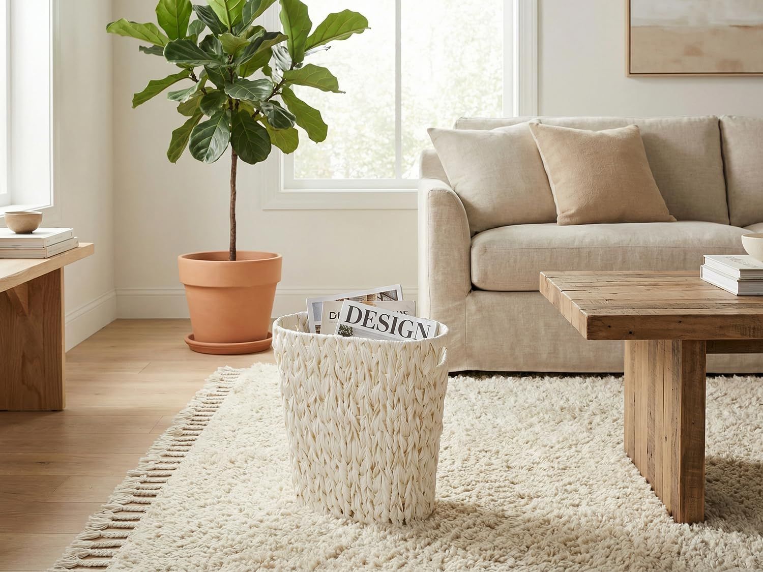 Wicker Trash Can,Bathroom Trash Can,Waterproof Wicker Waste Basket for Bathroom,Narrow Small Waste Basket for Bedroom,Office, Cream White 5 Gallon - Image 3