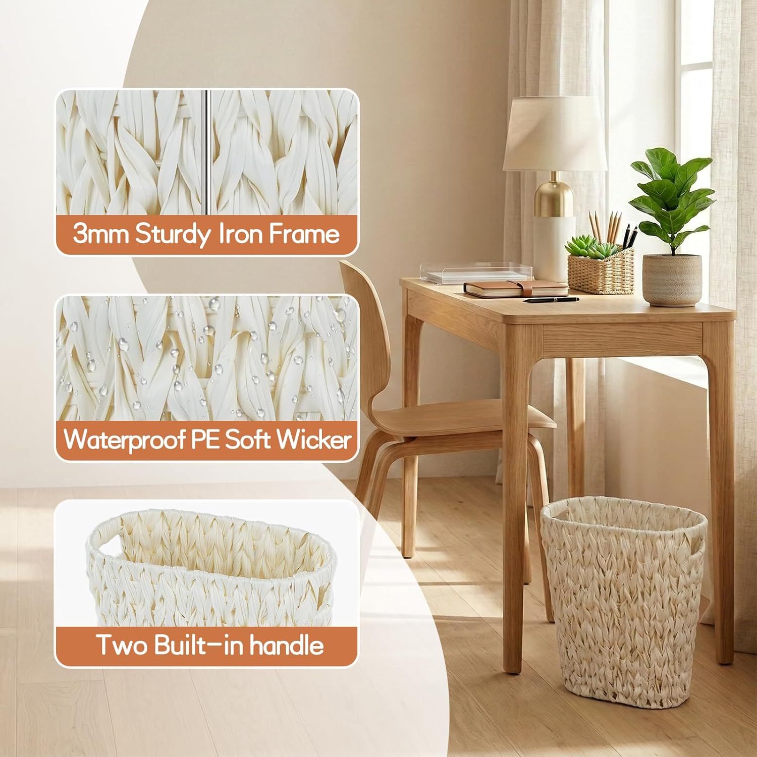 Wicker Trash Can,Bathroom Trash Can,Waterproof Wicker Waste Basket for Bathroom,Narrow Small Waste Basket for Bedroom,Office, Cream White 5 Gallon - Image 5