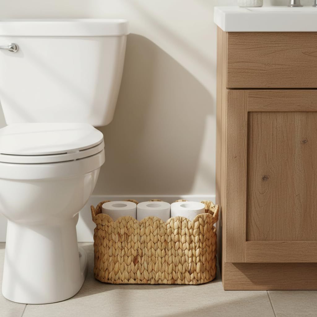 Toilet Paper Storage Basket,Scalloped Wicker Basket for Bathroom Organizers and Storage,Hand-Woven Rattan Bathroom Decor Accessories,Natural Water Hyacinth - Image 2