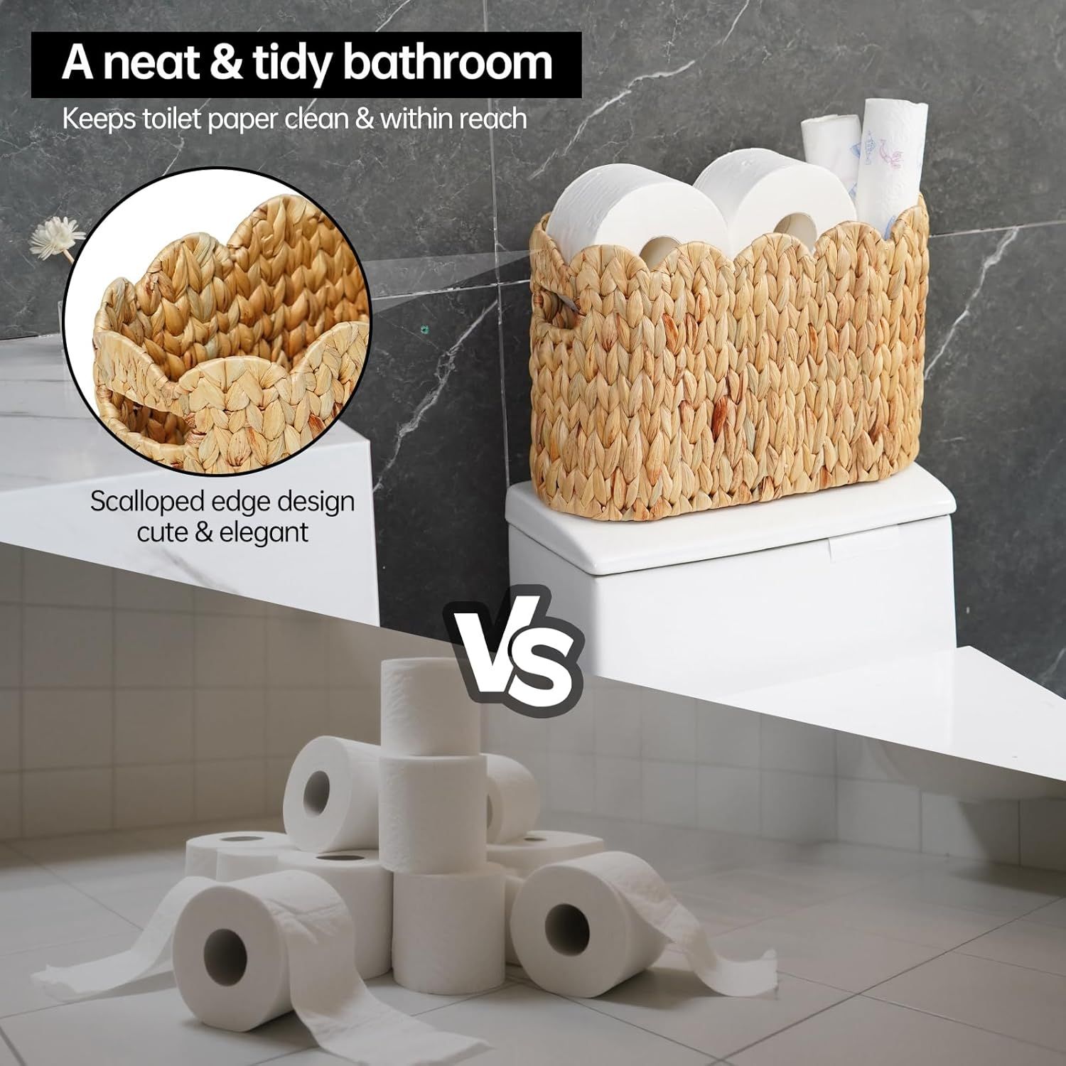 Toilet Paper Storage Basket,Scalloped Wicker Basket for Bathroom Organizers and Storage,Hand-Woven Rattan Bathroom Decor Accessories,Natural Water Hyacinth - Image 7