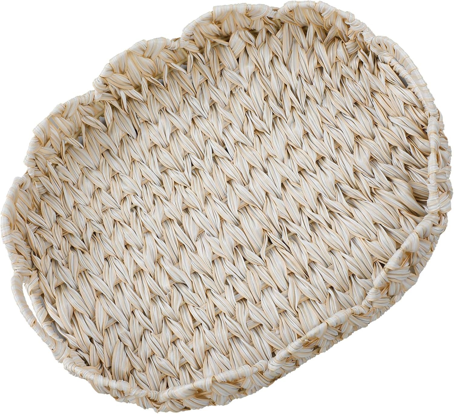 16.5 inch Round Wicker Tray, Boho Decorative Coffee Table Tray,Woven Serving Tray with Handles,Wicker Scallop Basket - Image 1