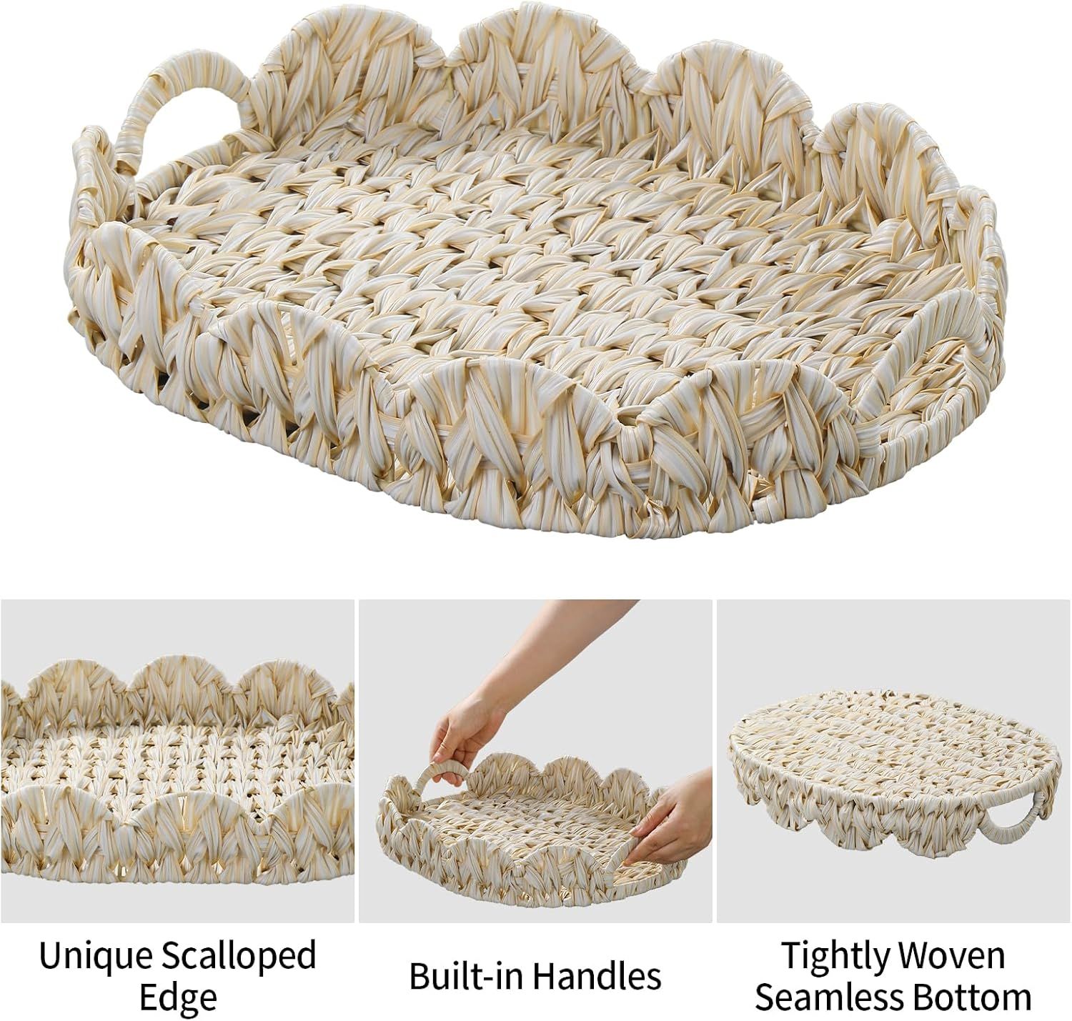 16.5 inch Round Wicker Tray, Boho Decorative Coffee Table Tray,Woven Serving Tray with Handles,Wicker Scallop Basket - Image 7
