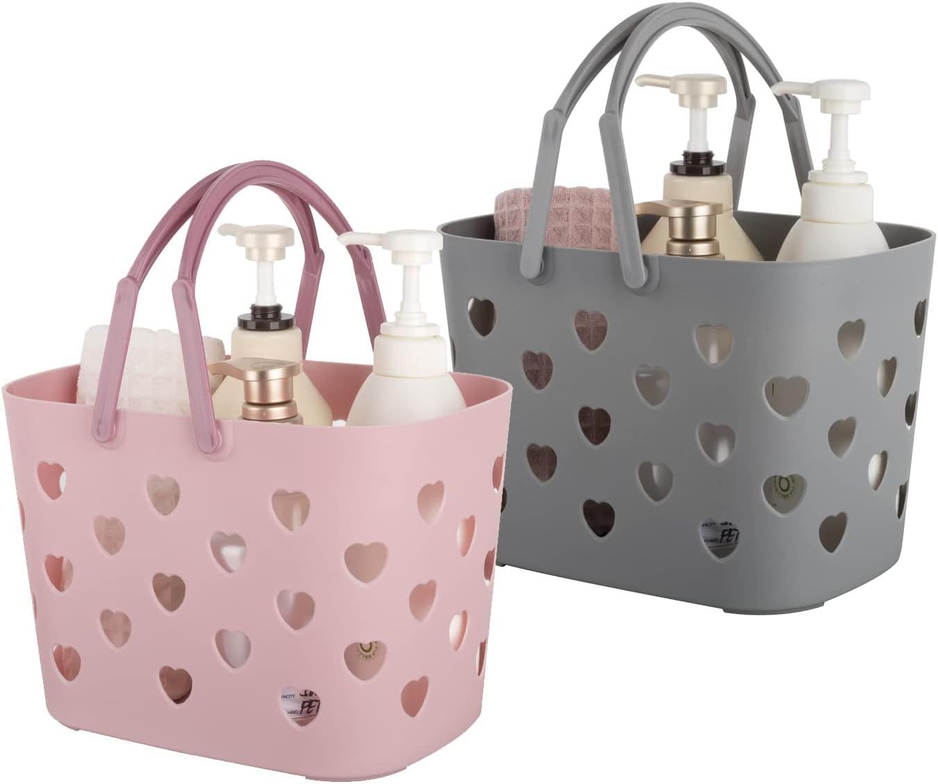 2 Pack Portable Shower Caddy Tote Plastic Storage Basket with Handle Box Organizer Bin for Bathroom, Pantry, Kitchen, College Dorm, Garage, Set of 2 - Pink & Grey - Image 1