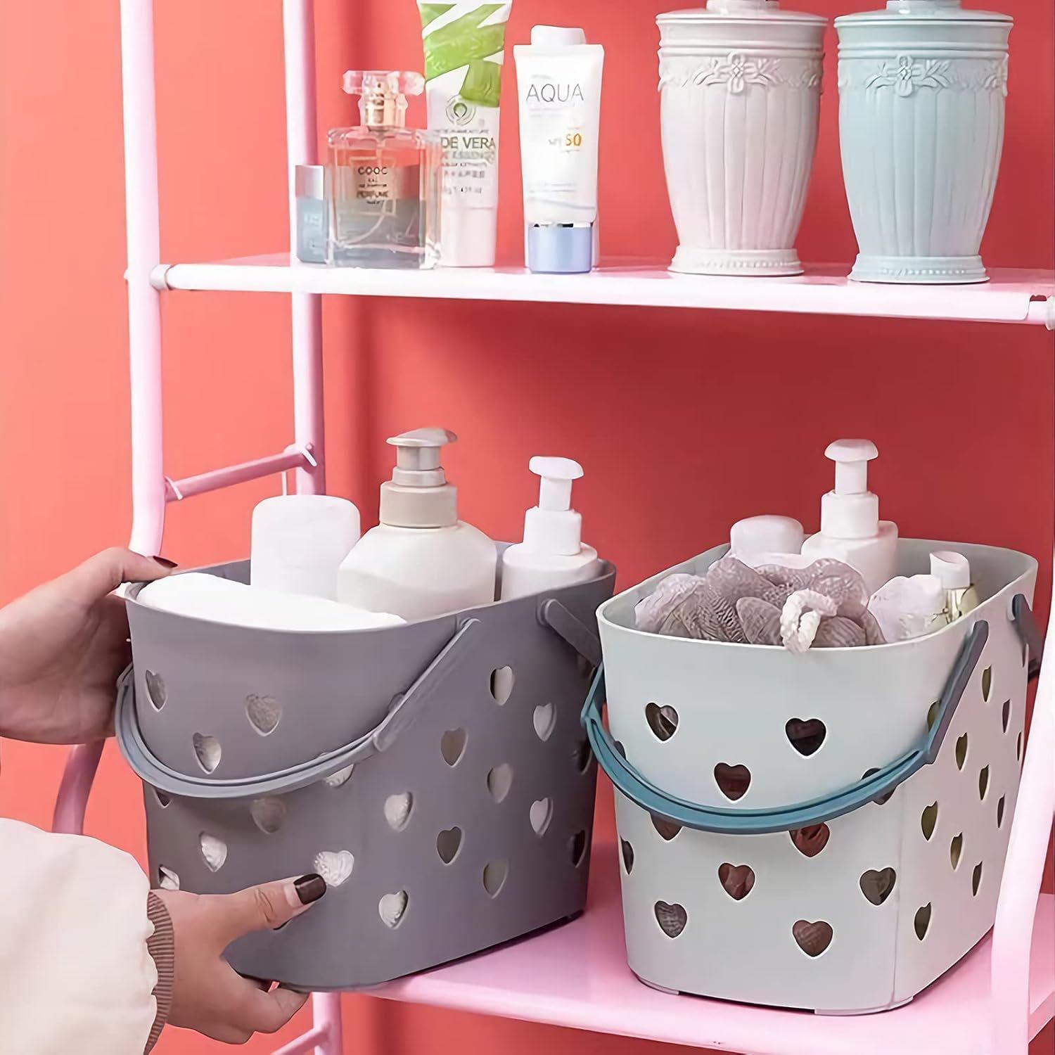 2 Pack Portable Shower Caddy Tote Plastic Storage Basket with Handle Box Organizer Bin for Bathroom, Pantry, Kitchen, College Dorm, Garage, Set of 2 - Pink & Grey - Image 7