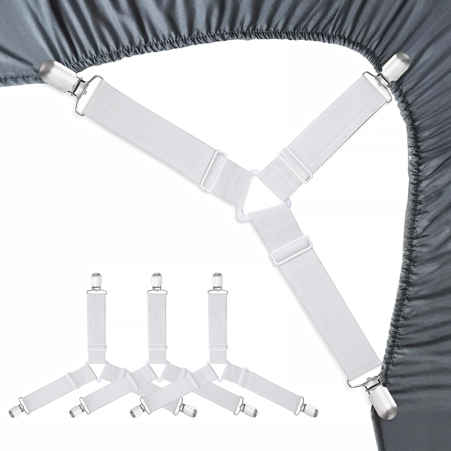 Bed Sheet Fasteners, Adjustable Mattress Suspenders, Mattress Cover Straps, Bed Corner Holder and Keepers and the Bed Sheet Grippers Clips (Triangle White Set of 4) - Image 1