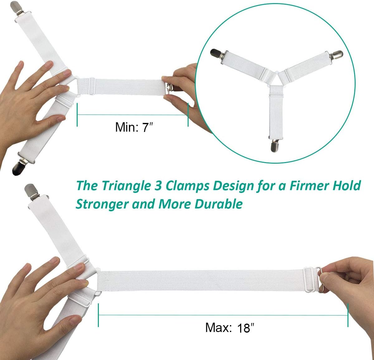 Bed Sheet Fasteners, Adjustable Mattress Suspenders, Mattress Cover Straps, Bed Corner Holder and Keepers and the Bed Sheet Grippers Clips (Triangle White Set of 4) - Image 4