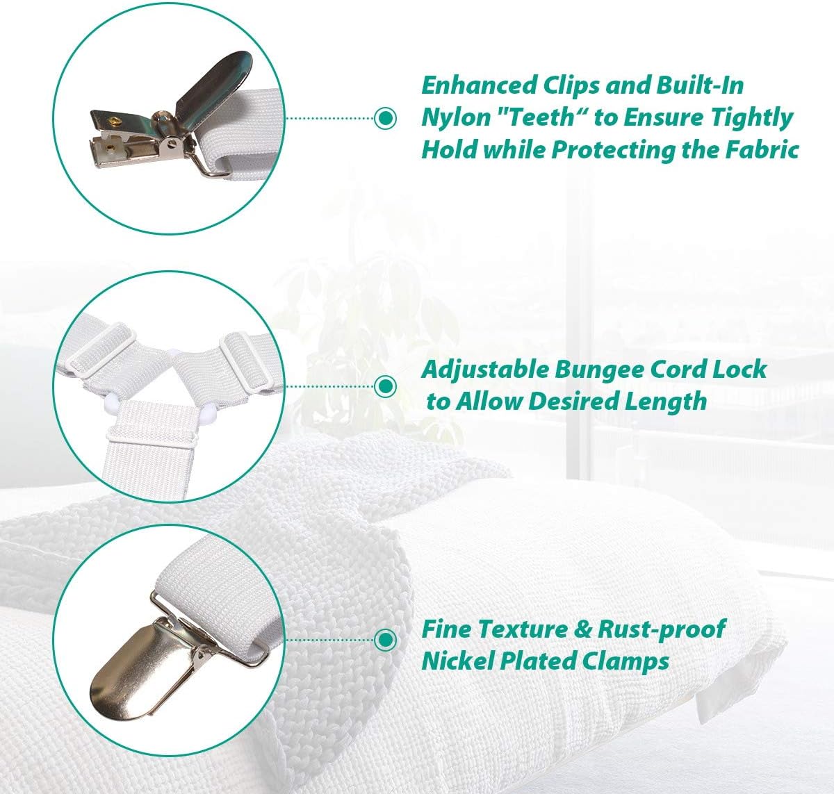 Bed Sheet Fasteners, Adjustable Mattress Suspenders, Mattress Cover Straps, Bed Corner Holder and Keepers and the Bed Sheet Grippers Clips (Triangle White Set of 4) - Image 5