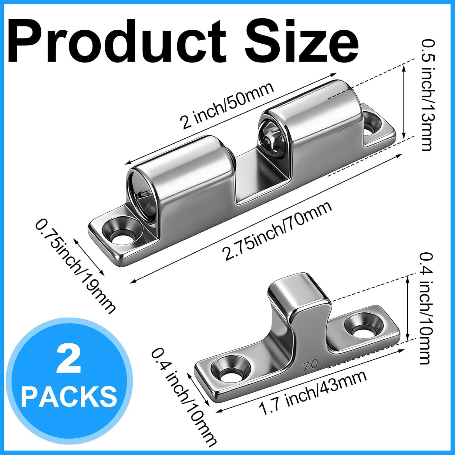 2 Pack Marine Grade 316 Stainless Steel Cabinet Tension Catch 70 mm Double Ball Tension Roller Catch Latch for Ship Hardware, Deck Installation, Cabinet, Closet & Furniture Door - Image 2