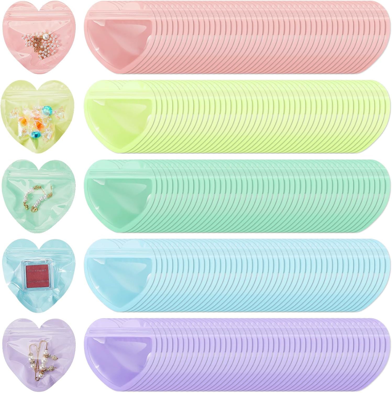 300 Pcs Heart Shaped Jewelry Bags 3.9 x 3.9 Inch Jewelry Packaging for Small Business Zip with Top Lock Baggies Cute Packaging Supplies for Necklace Earring Bracelets Sample(Mixed Color,Heart Shaped) - Image 1