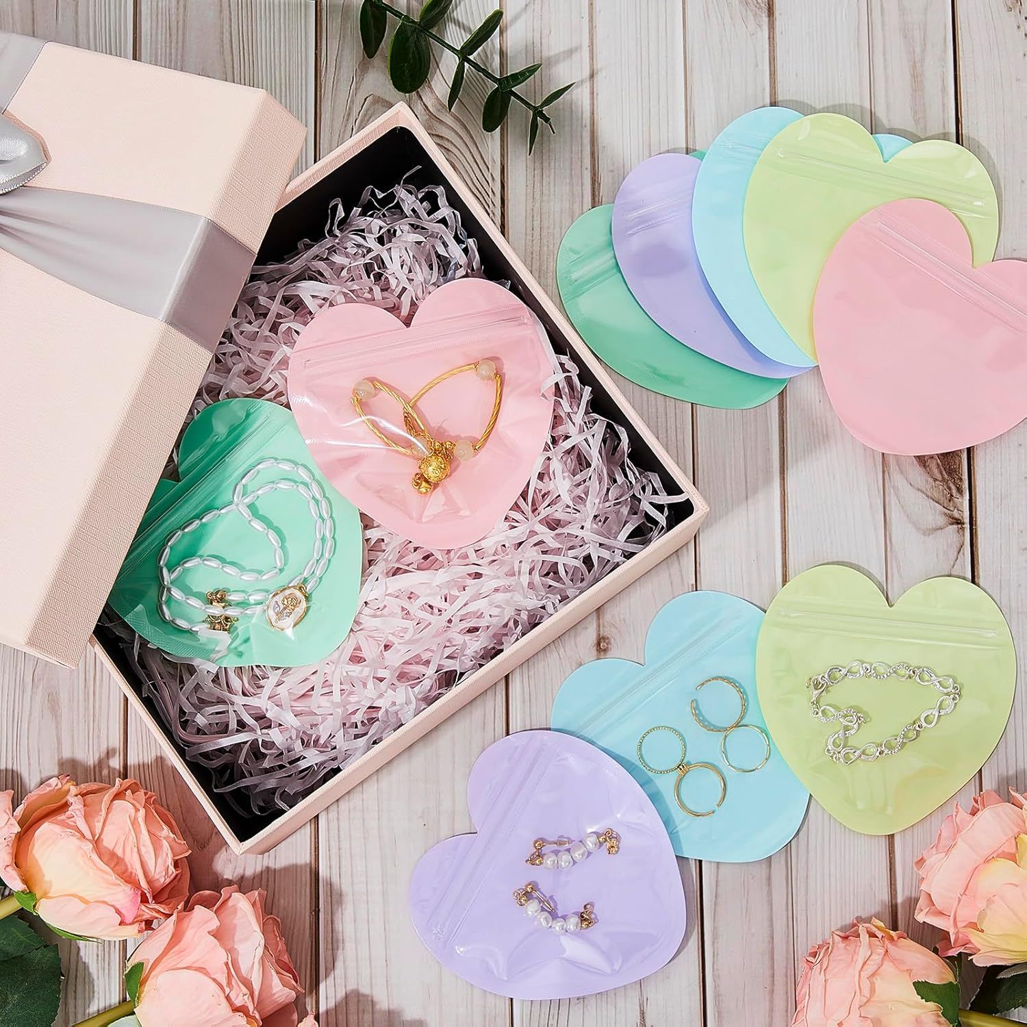 300 Pcs Heart Shaped Jewelry Bags 3.9 x 3.9 Inch Jewelry Packaging for Small Business Zip with Top Lock Baggies Cute Packaging Supplies for Necklace Earring Bracelets Sample(Mixed Color,Heart Shaped) - Image 2