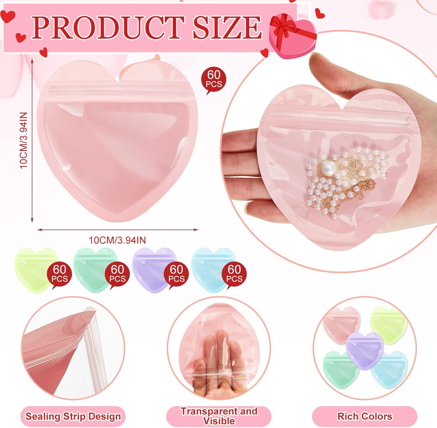 300 Pcs Heart Shaped Jewelry Bags 3.9 x 3.9 Inch Jewelry Packaging for Small Business Zip with Top Lock Baggies Cute Packaging Supplies for Necklace Earring Bracelets Sample(Mixed Color,Heart Shaped) - Image 3