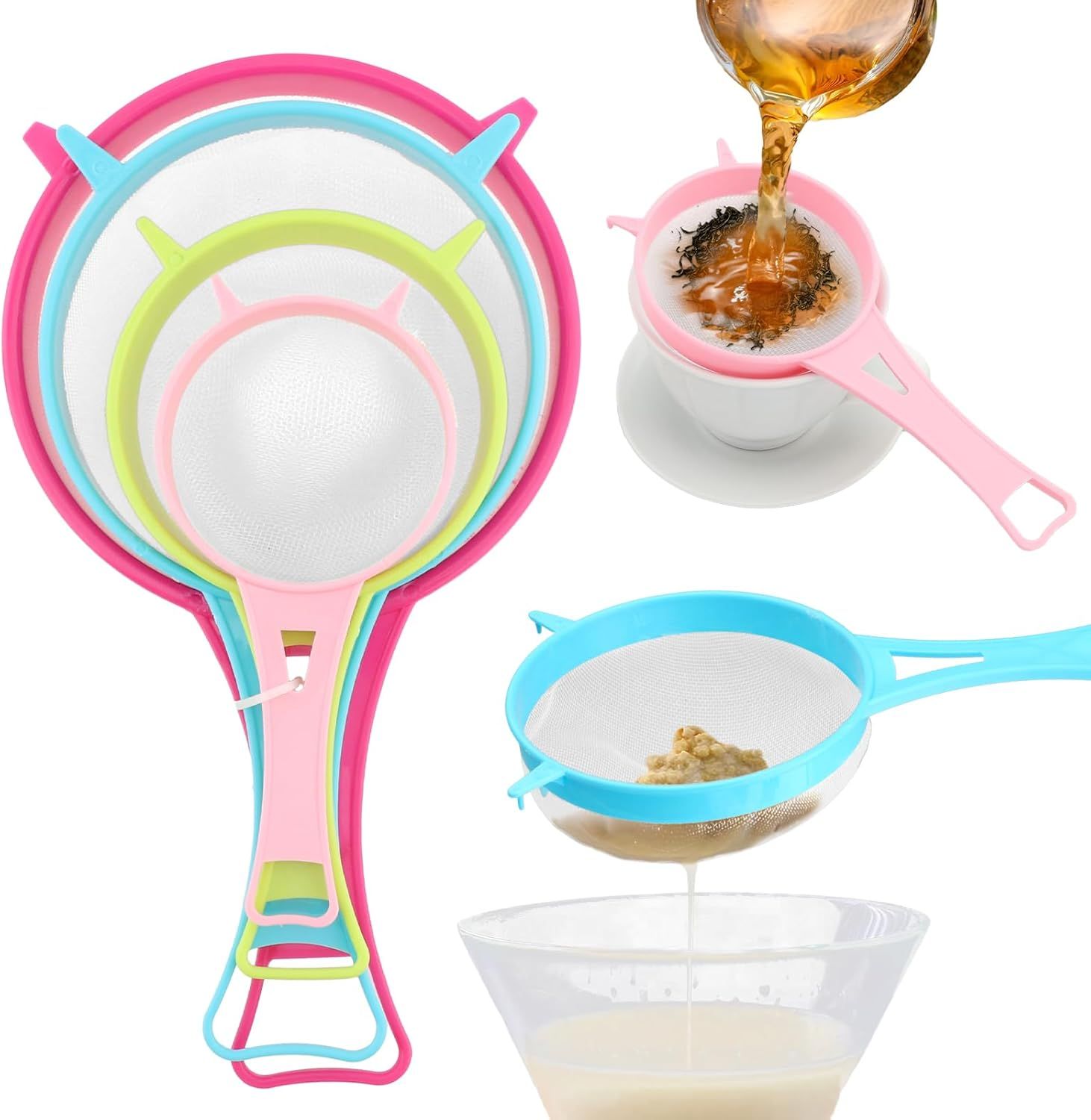 4Pcs Fine Mesh Strainer Set, Solid-Liquid Separator Gadget, Plastic Flour Colander with Non Slip Handles, Kitchen Tools for Yogurt Baking Tea Coffee Juice Pasta(4 Size) - Image 3