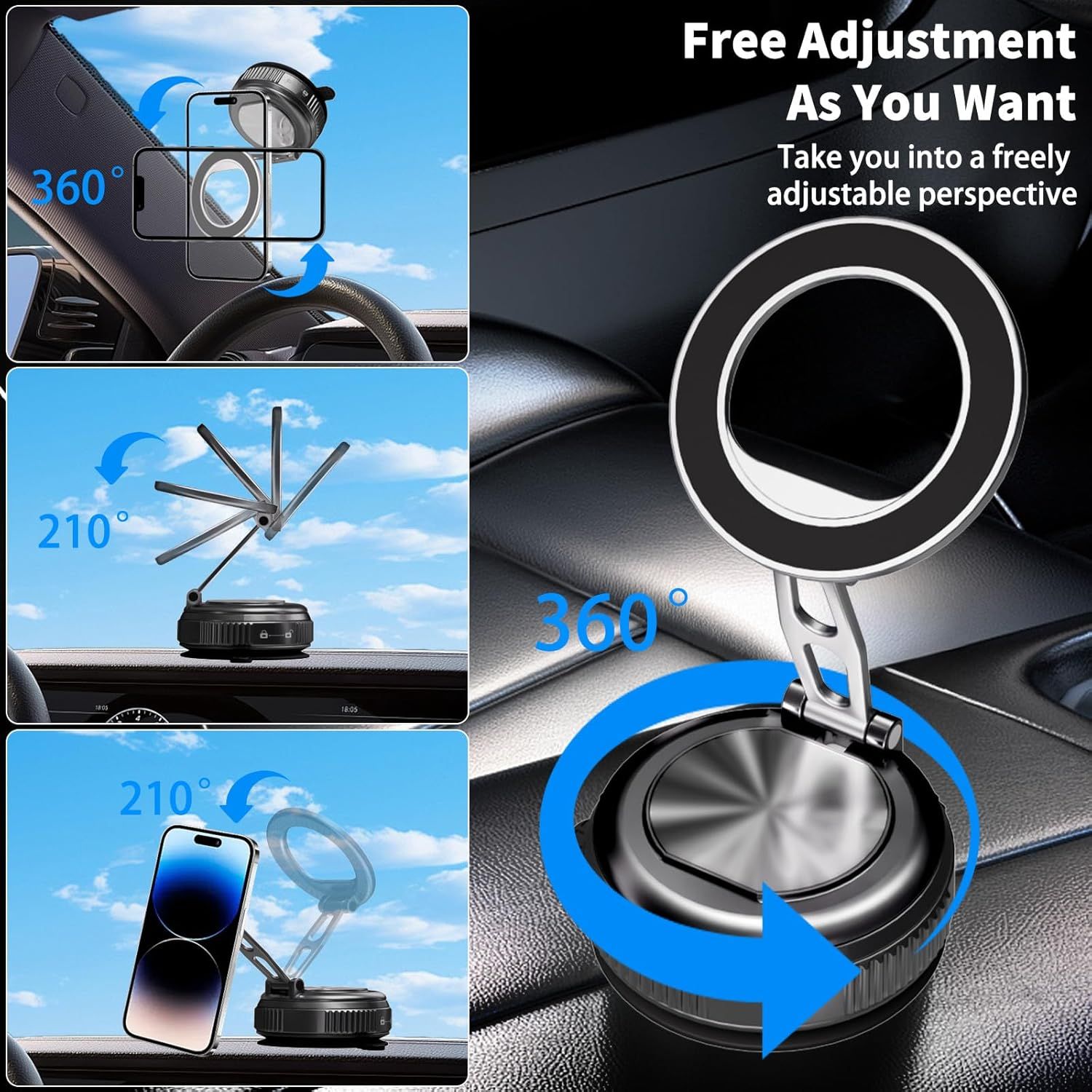 Car Phone Holder for Magsafe, 360° Adjustable Foldable Car Mount [108LBS Strongest Suction & 2800gf Magnetic] Portable for Car/Gym/Mirror Mount/Daily Stand for iPhone and All Smartphones, Black - Image 4