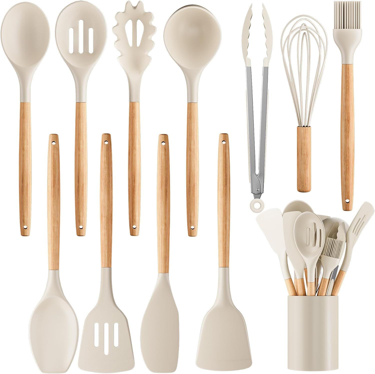 Silicone Cooking Utensil Set,12 PCS Cooking Cookware Kitchen Utensils Set for Cooking, Nonstick 446°F Heat-Resistant Cookware Kitchen Tools of Spoon,Brush,Whisk,Spatula,Turner Tongs (Khaki) - Image 1