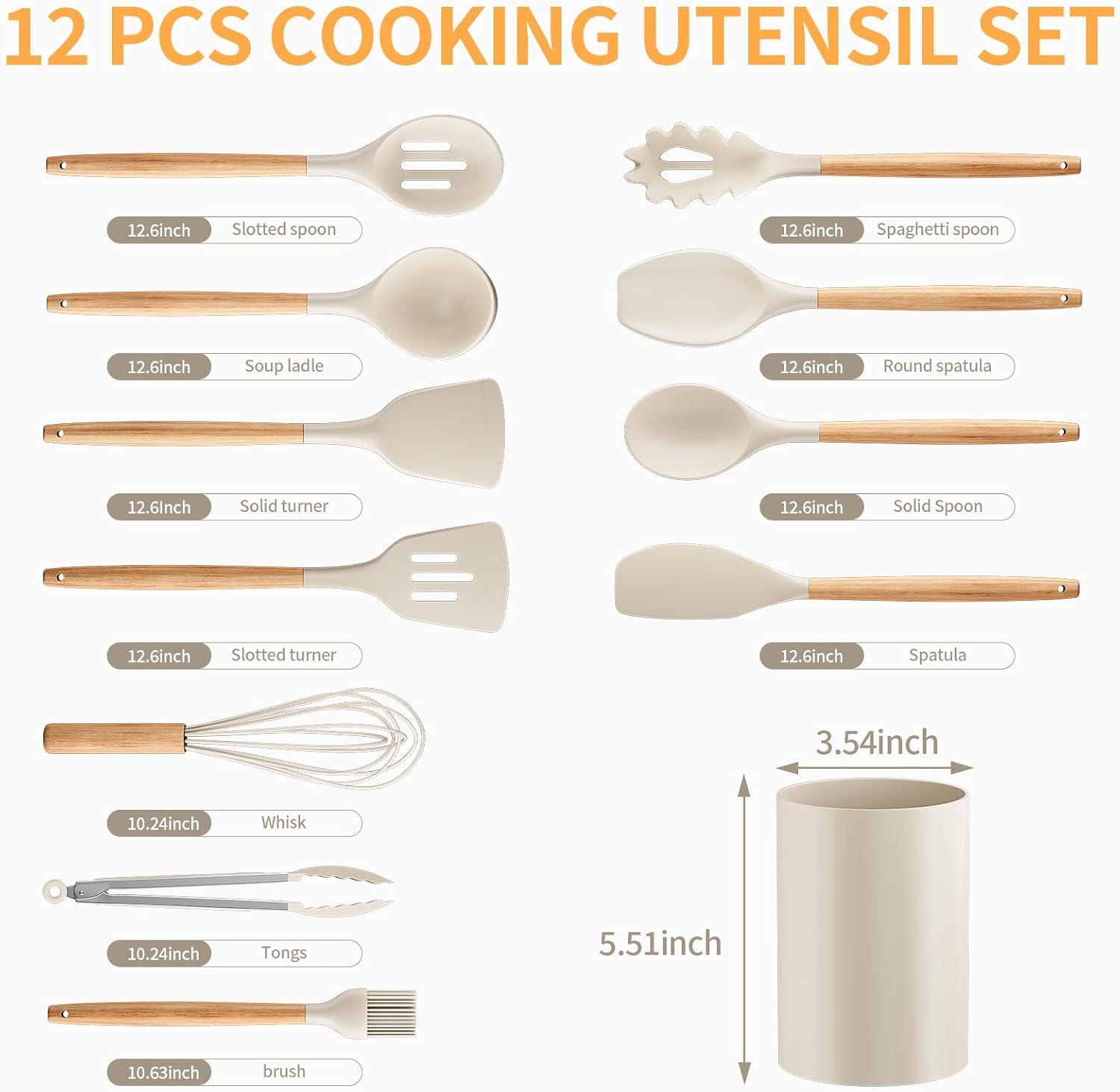 Silicone Cooking Utensil Set,12 PCS Cooking Cookware Kitchen Utensils Set for Cooking, Nonstick 446°F Heat-Resistant Cookware Kitchen Tools of Spoon,Brush,Whisk,Spatula,Turner Tongs (Khaki) - Image 2